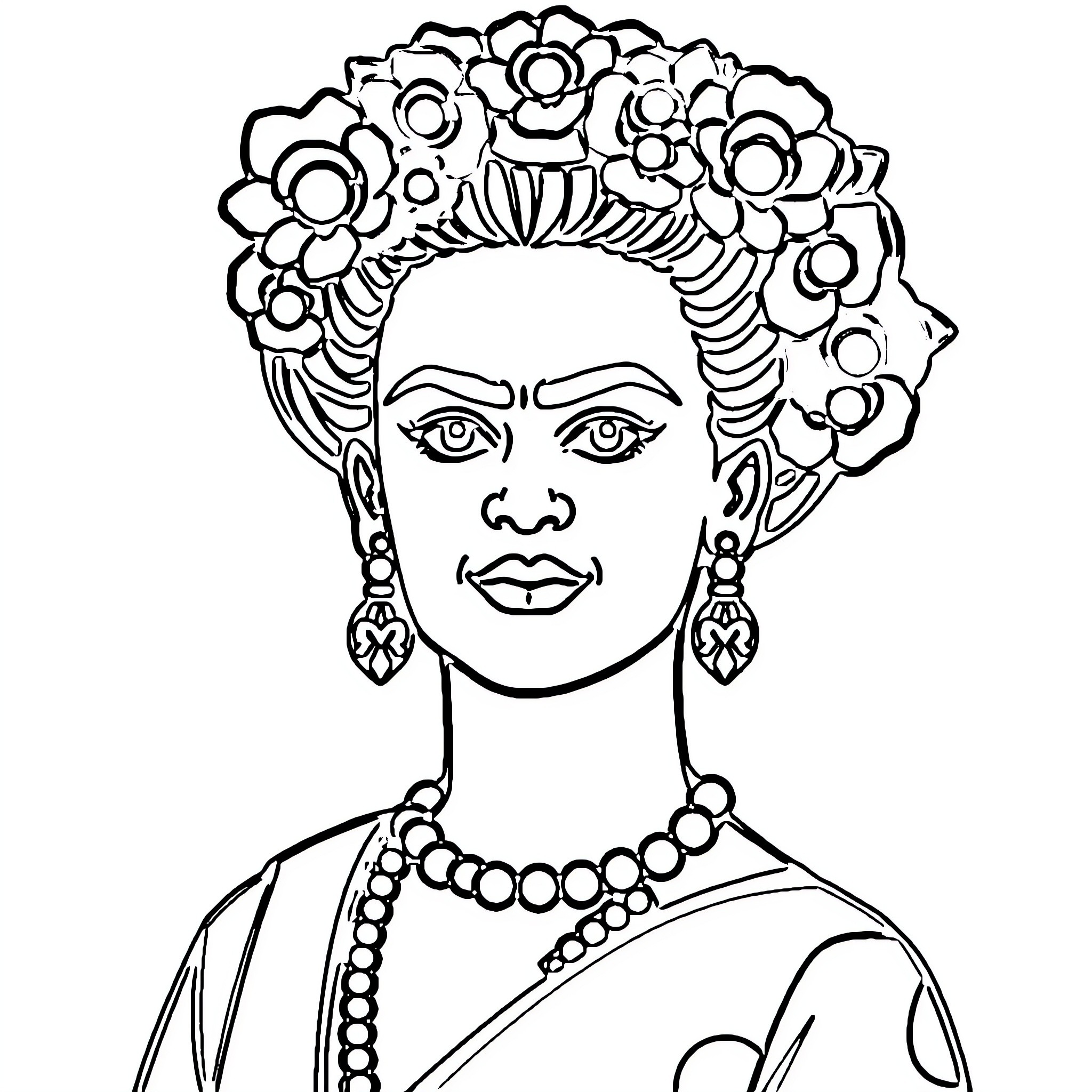 Frida Kahlo in floral headpiece and ornate jewelry Coloring Page (free black-and-white line drawing printable PDF for all, from beginners to advanced learners, including children, teens, adults, and seniors)