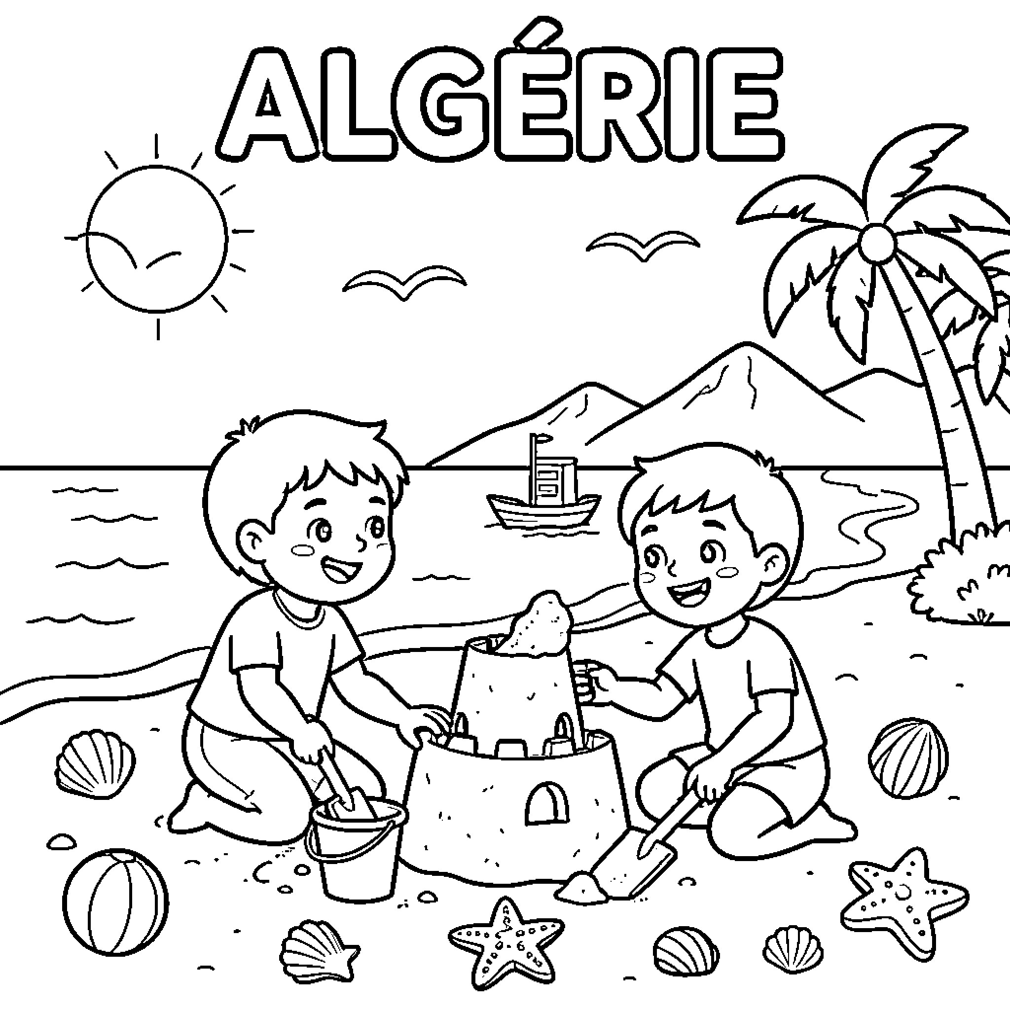 Beach scene with children building sandcastles Coloring Page (free black-and-white line drawing printable PDF for all, from beginners to advanced learners, including children, teens, adults, and seniors)