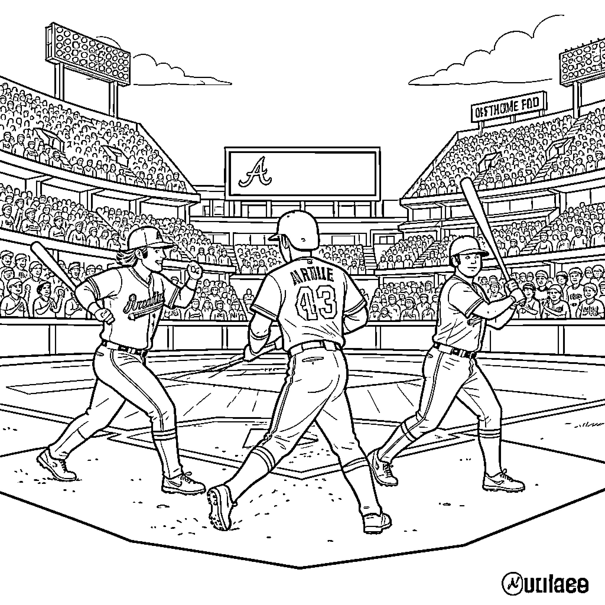 Atlanta Braves baseball players celebrating on the field Coloring Page (free black-and-white line drawing printable PDF for all, from beginners to advanced learners, including children, teens, adults, and seniors)