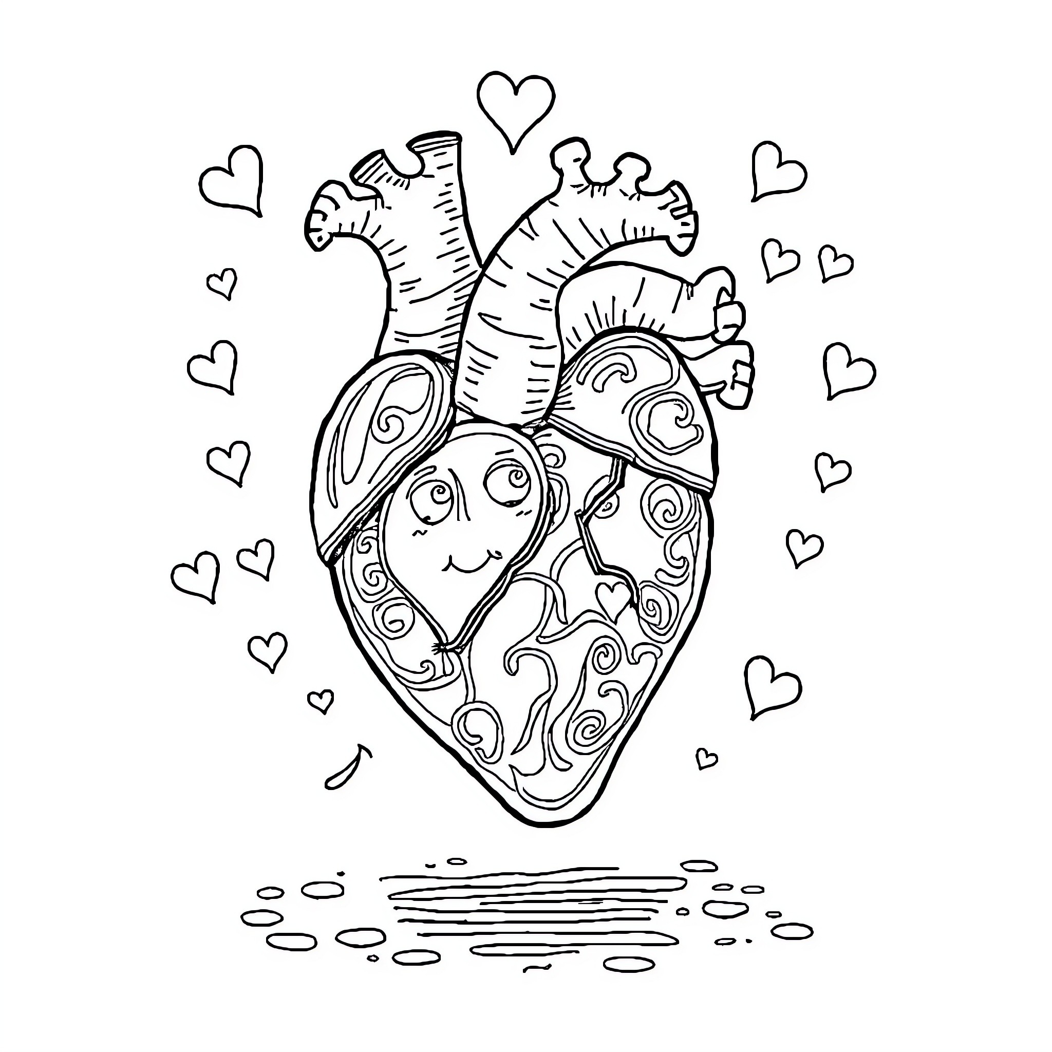 Heart-shaped anatomical illustration with whimsical designs Coloring Page (free black-and-white line drawing printable PDF for all, from beginners to advanced learners, including children, teens, adults, and seniors)