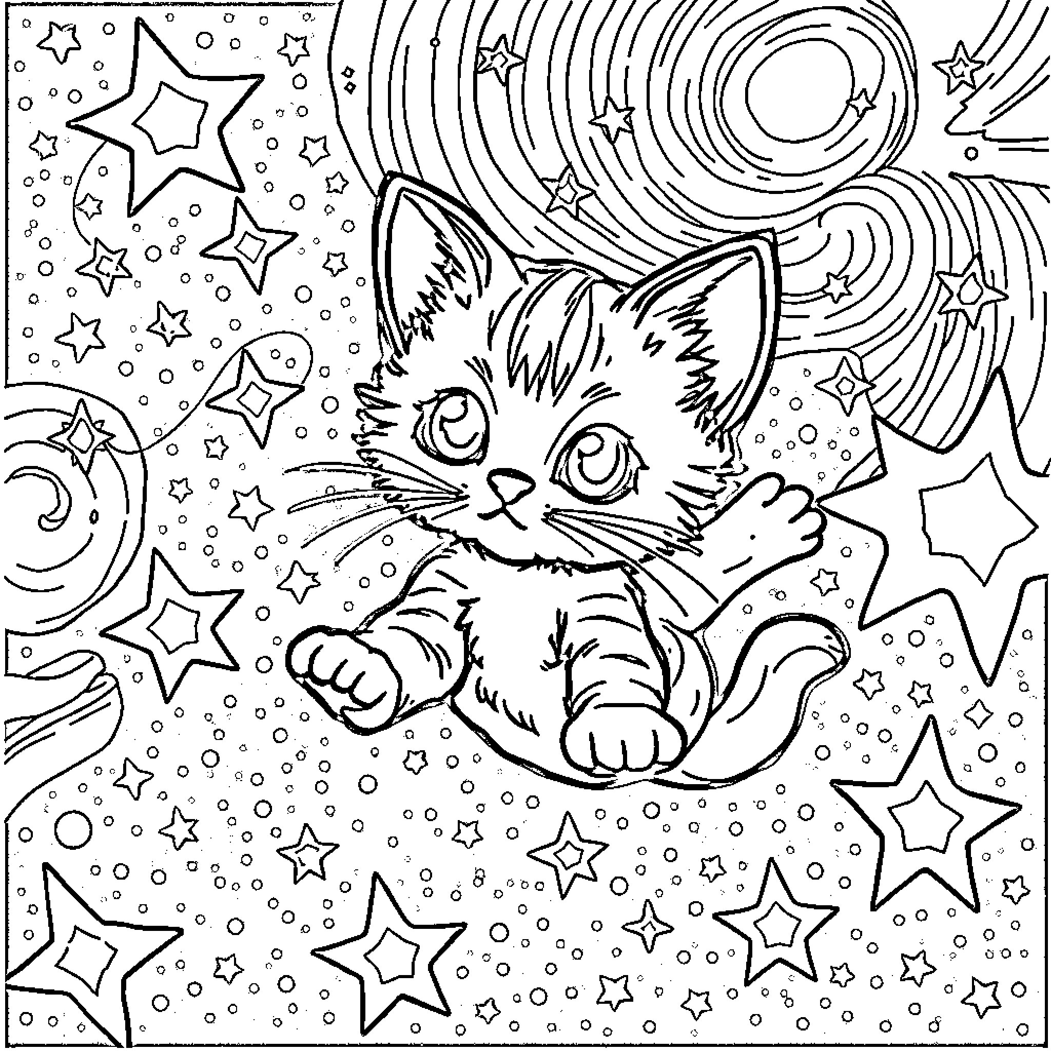 Kitty playing among the stars Coloring Page (free black-and-white line drawing printable PDF for all, from beginners to advanced learners, including children, teens, adults, and seniors)