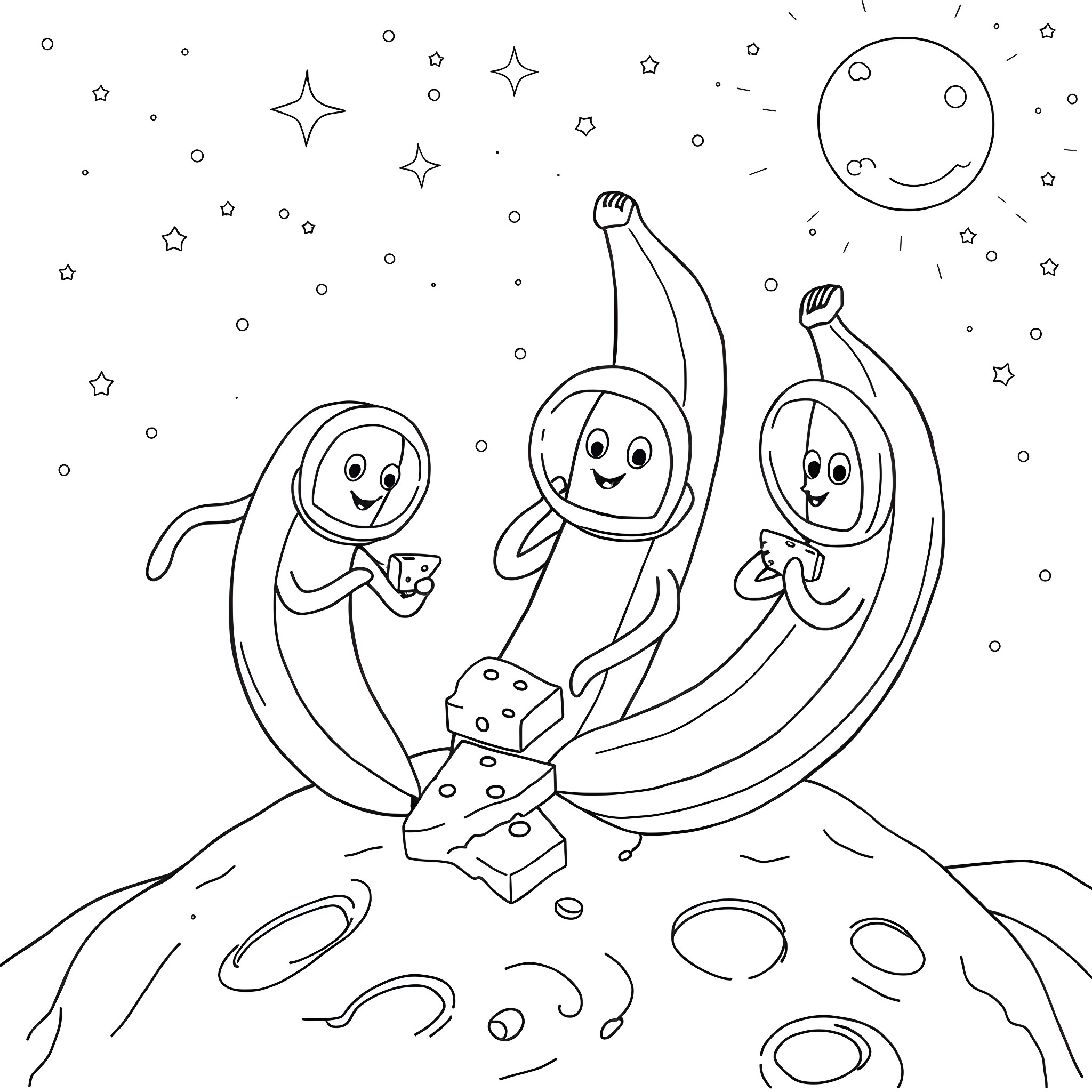 Banana friends playing happily in the cosmic space Coloring Page (free black-and-white line drawing printable PDF for all, from beginners to advanced learners, including children, teens, adults, and seniors)