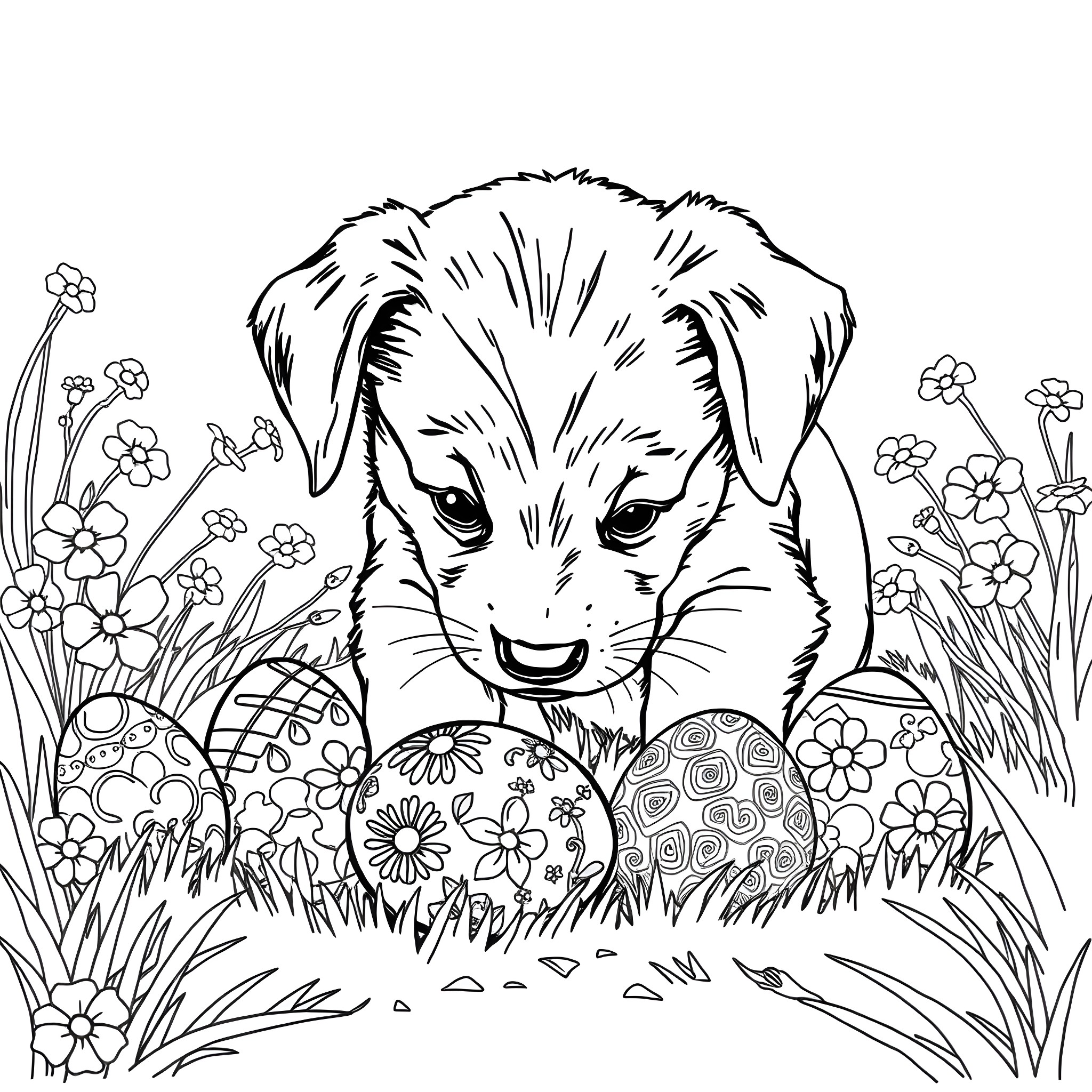Puppy exploring Easter eggs in a flowery field Coloring Page (free black-and-white line drawing printable PDF for all, from beginners to advanced learners, including children, teens, adults, and seniors)