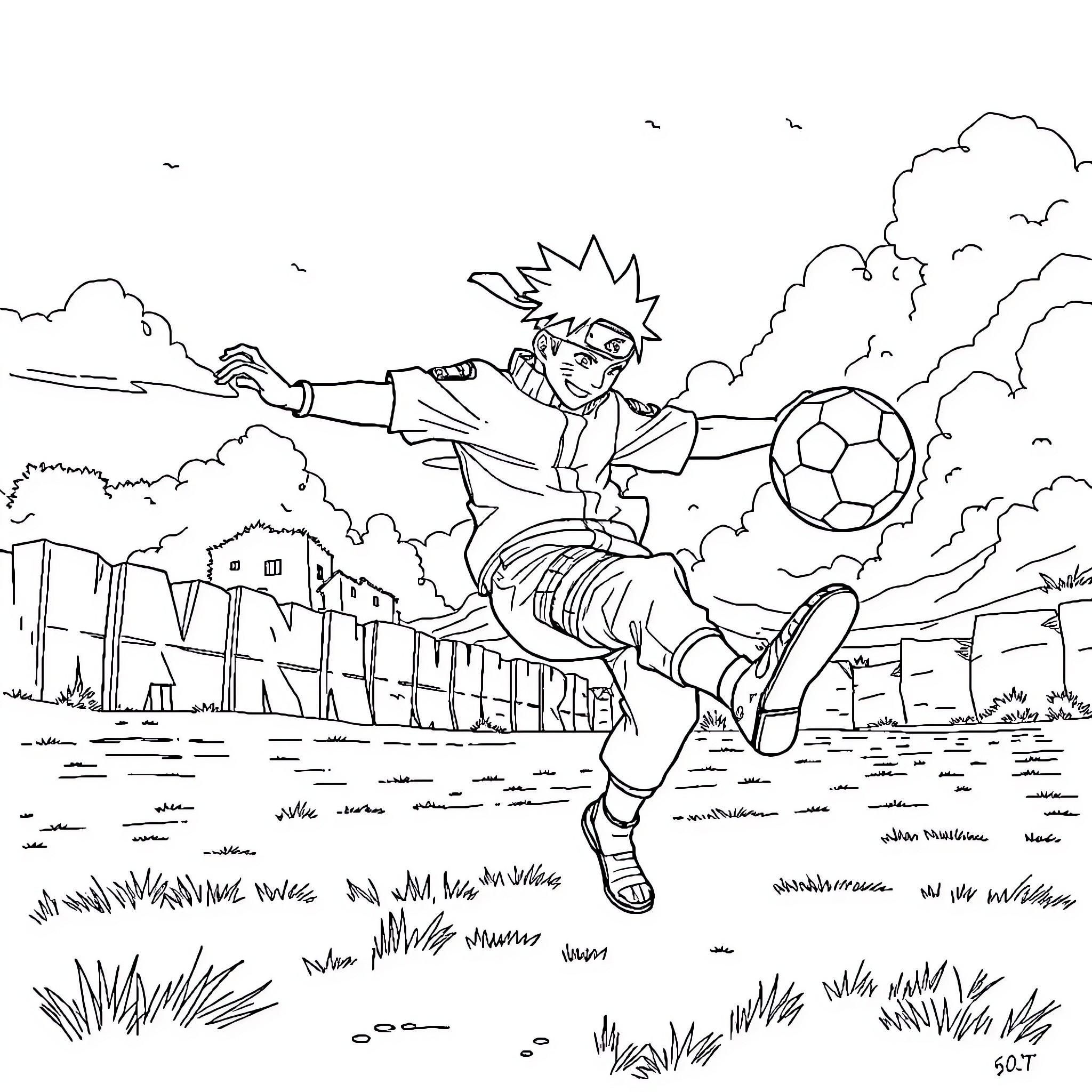 Naruto playing soccer on the field Coloring Page (free black-and-white line drawing printable PDF for all, from beginners to advanced learners, including children, teens, adults, and seniors)