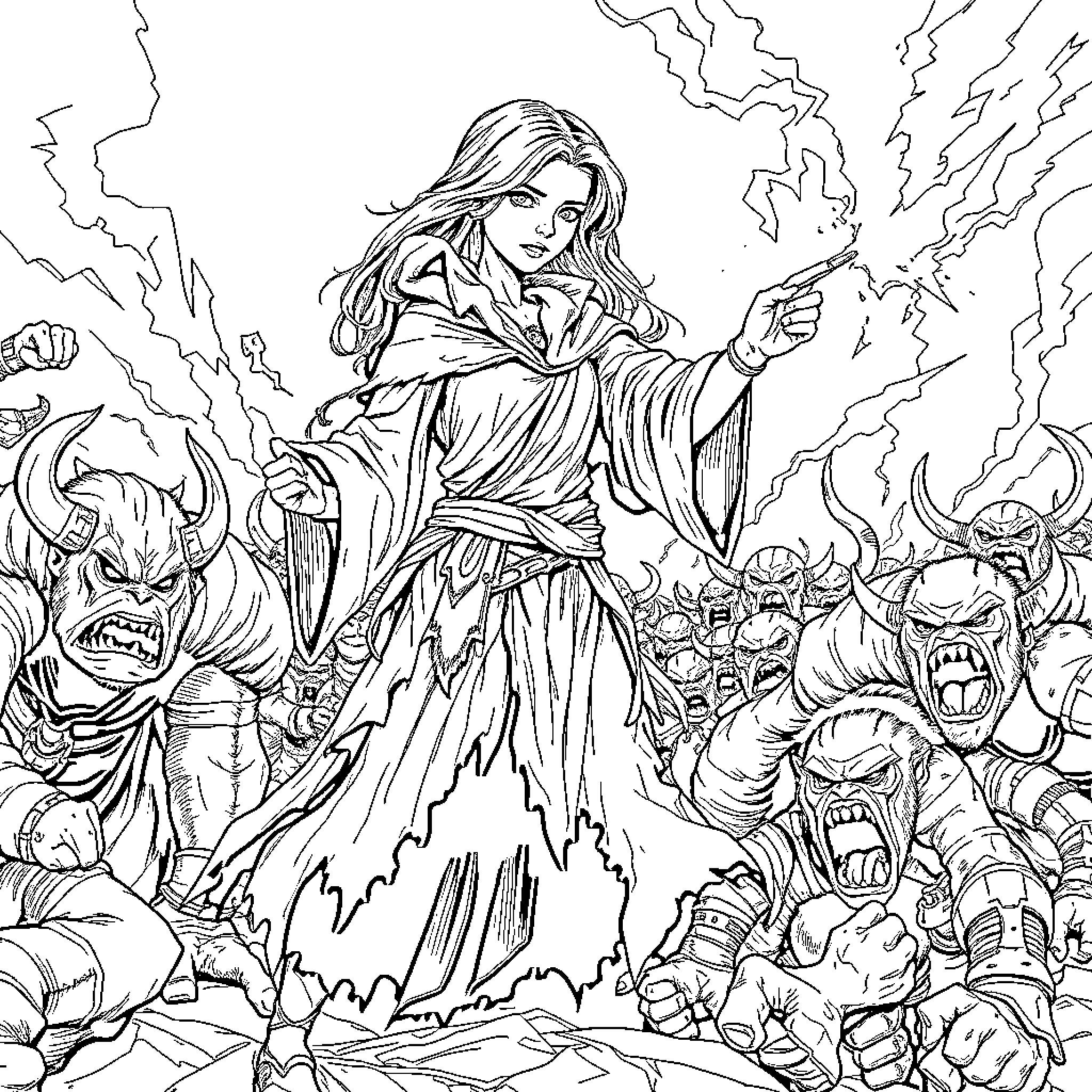 Mage wielding powerful magic against demonic horde Coloring Page (free black-and-white line drawing printable PDF for all, from beginners to advanced learners, including children, teens, adults, and seniors)