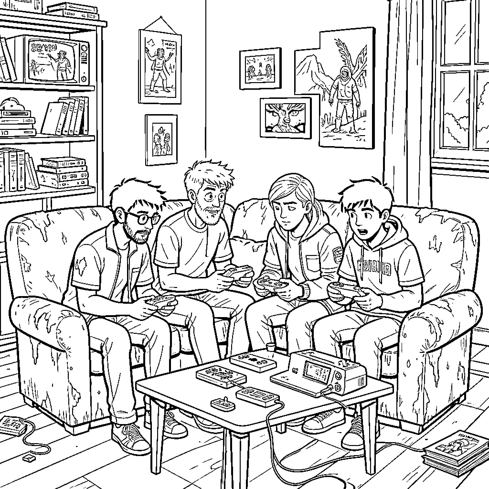 Gamer friends playing video games together on a sofa Coloring Page (free black-and-white line drawing printable PDF for all, from beginners to advanced learners, including children, teens, adults, and seniors)
