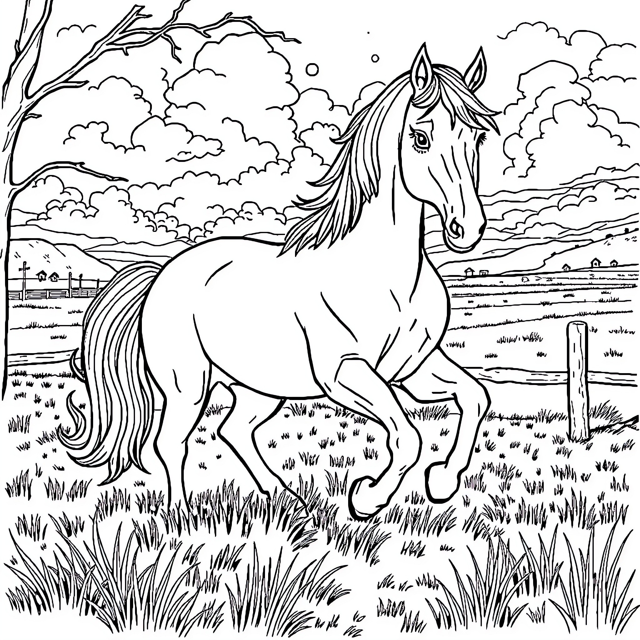 Horse galloping through grassy field Coloring Page (free black-and-white line drawing printable PDF for all, from beginners to advanced learners, including children, teens, adults, and seniors)