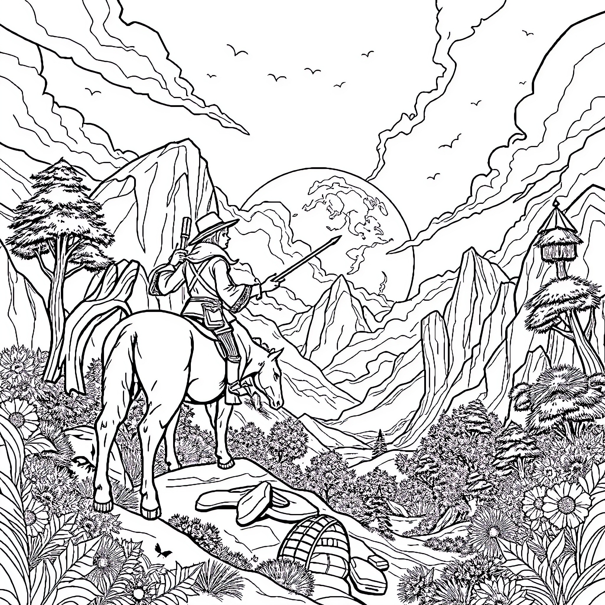 Huntrix Journeying Through Fantastical Landscapes Coloring Page (free black-and-white line drawing printable PDF for all, from beginners to advanced learners, including children, teens, adults, and seniors)