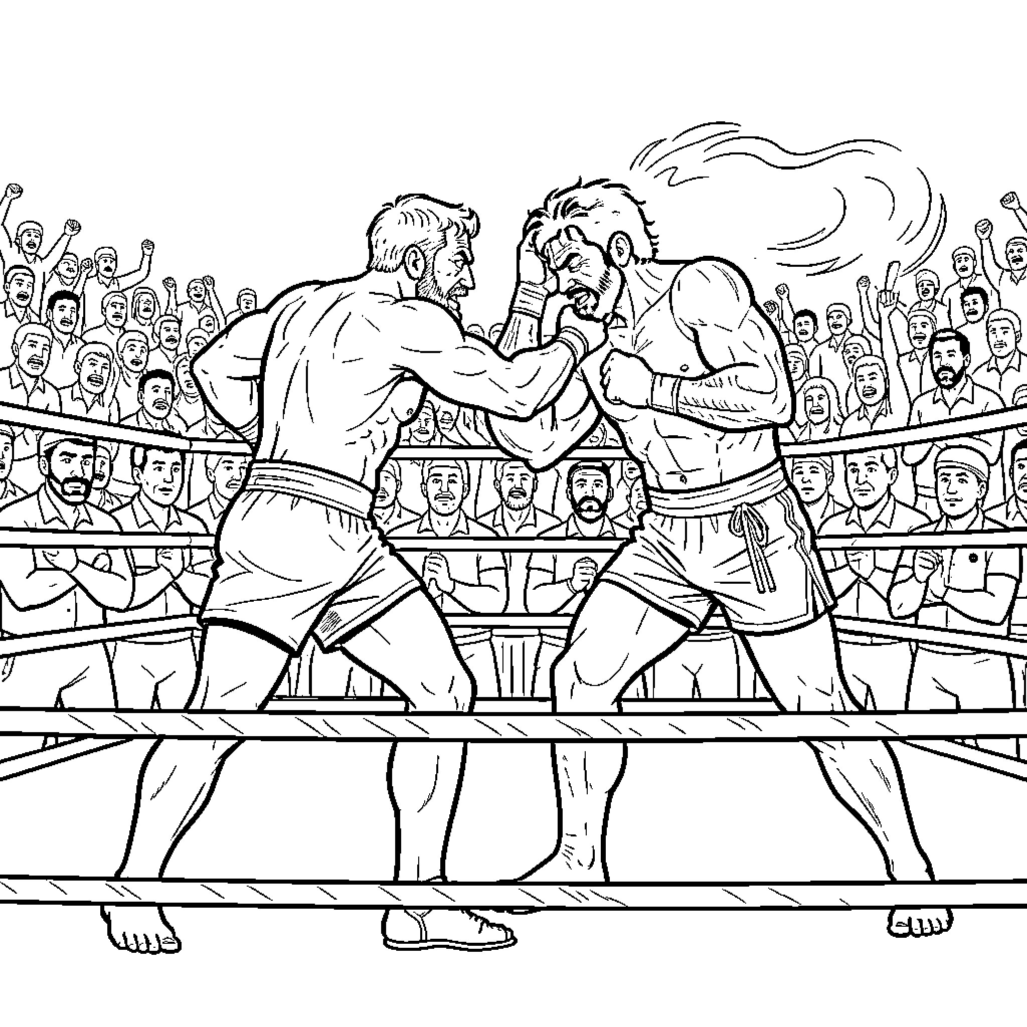 Lutteur in epic boxing match before cheering crowd Coloring Page (free black-and-white line drawing printable PDF for all, from beginners to advanced learners, including children, teens, adults, and seniors)