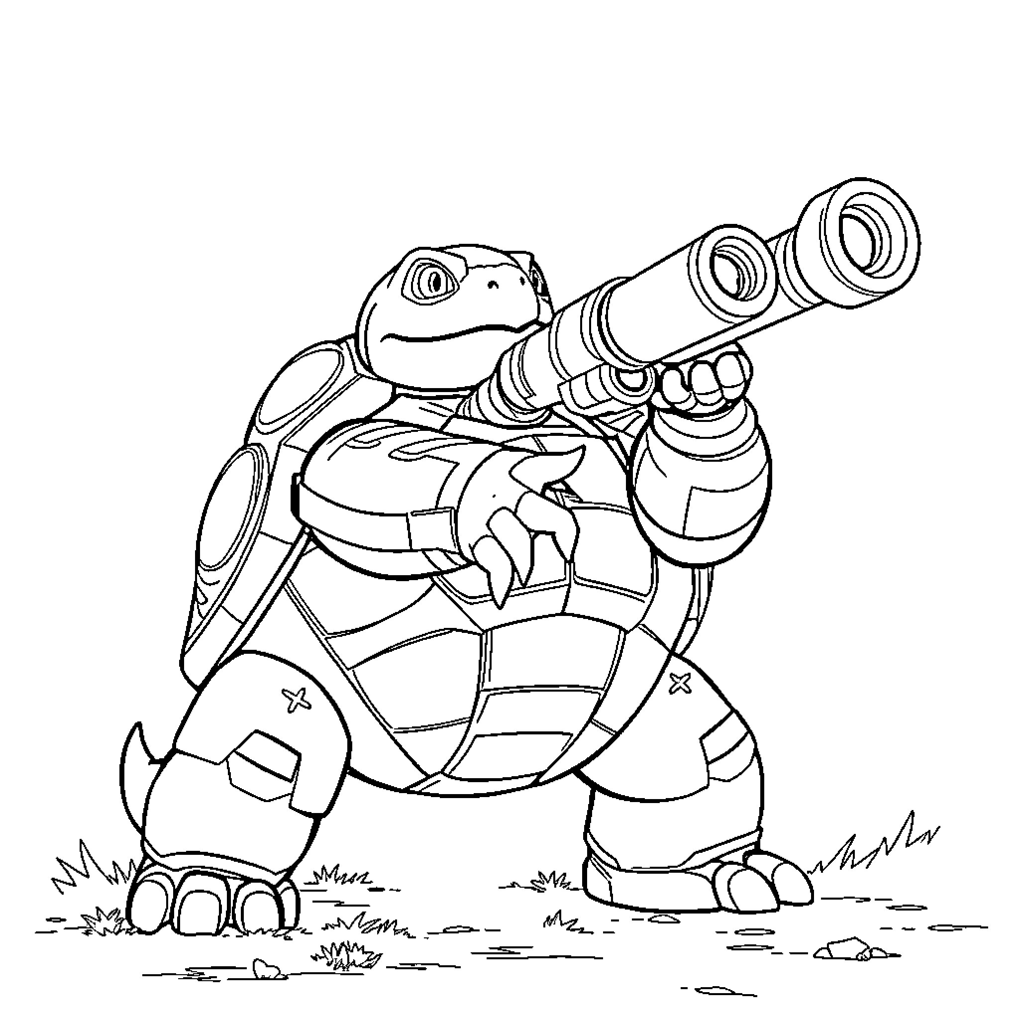 Blastoise aiming powerful water cannon Coloring Page (free black-and-white line drawing printable PDF for all, from beginners to advanced learners, including children, teens, adults, and seniors)