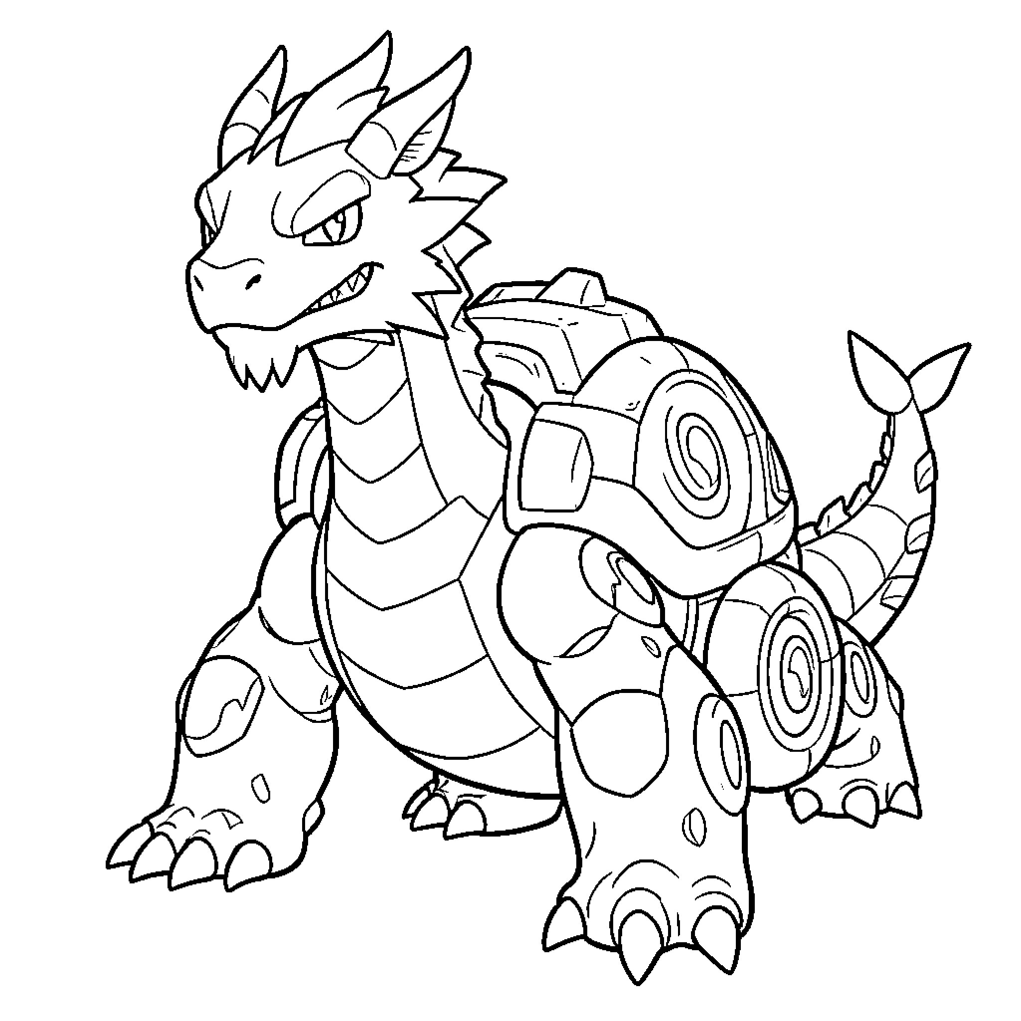 Dracofeu standing tall with a fierce expression Coloring Page (free black-and-white line drawing printable PDF for all, from beginners to advanced learners, including children, teens, adults, and seniors)