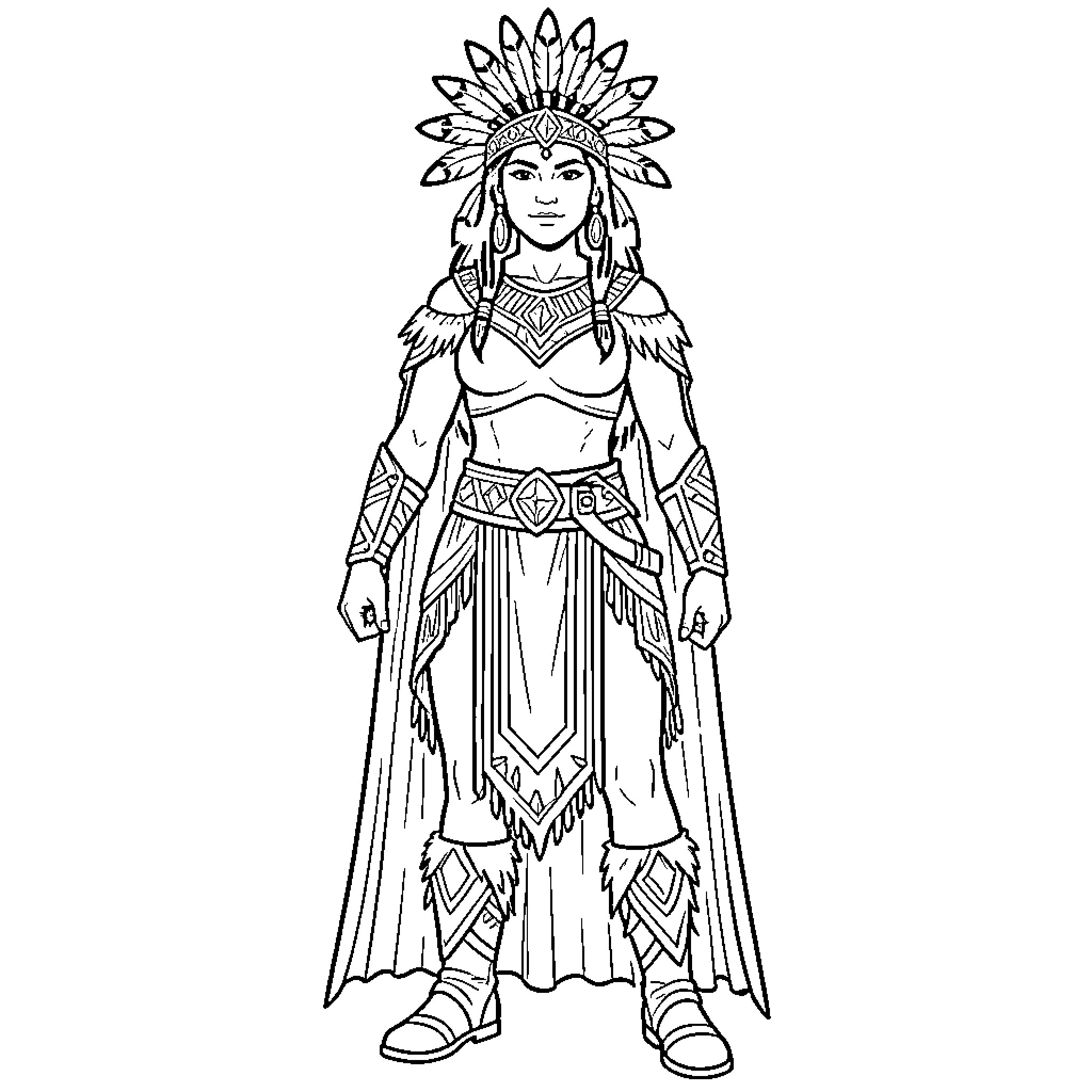 Warrior Princess wearing traditional feathered headdress and cape Coloring Page (free black-and-white line drawing printable PDF for all, from beginners to advanced learners, including children, teens, adults, and seniors)