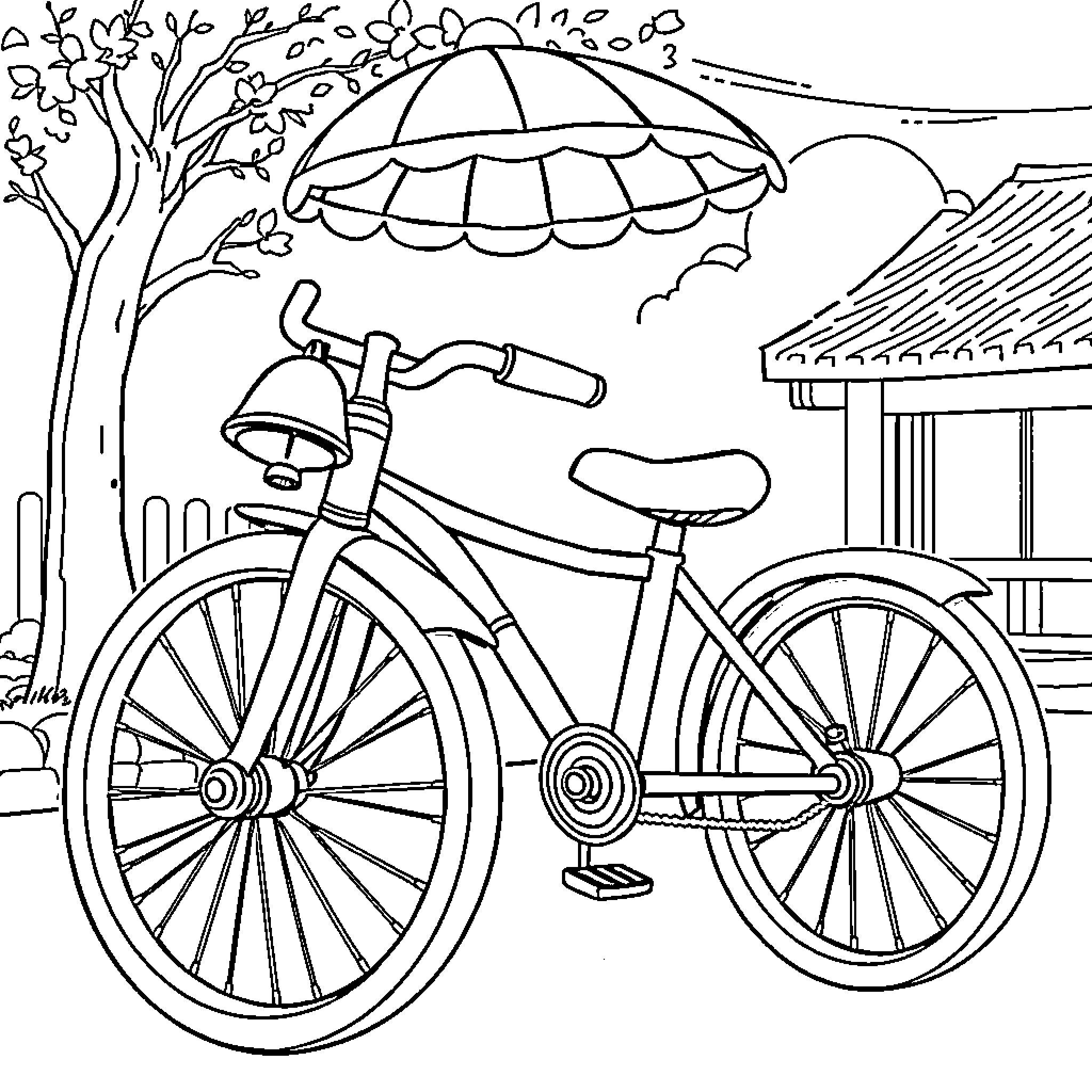 Tricycle resting under shaded tree Coloring Page (free black-and-white line drawing printable PDF for all, from beginners to advanced learners, including children, teens, adults, and seniors)