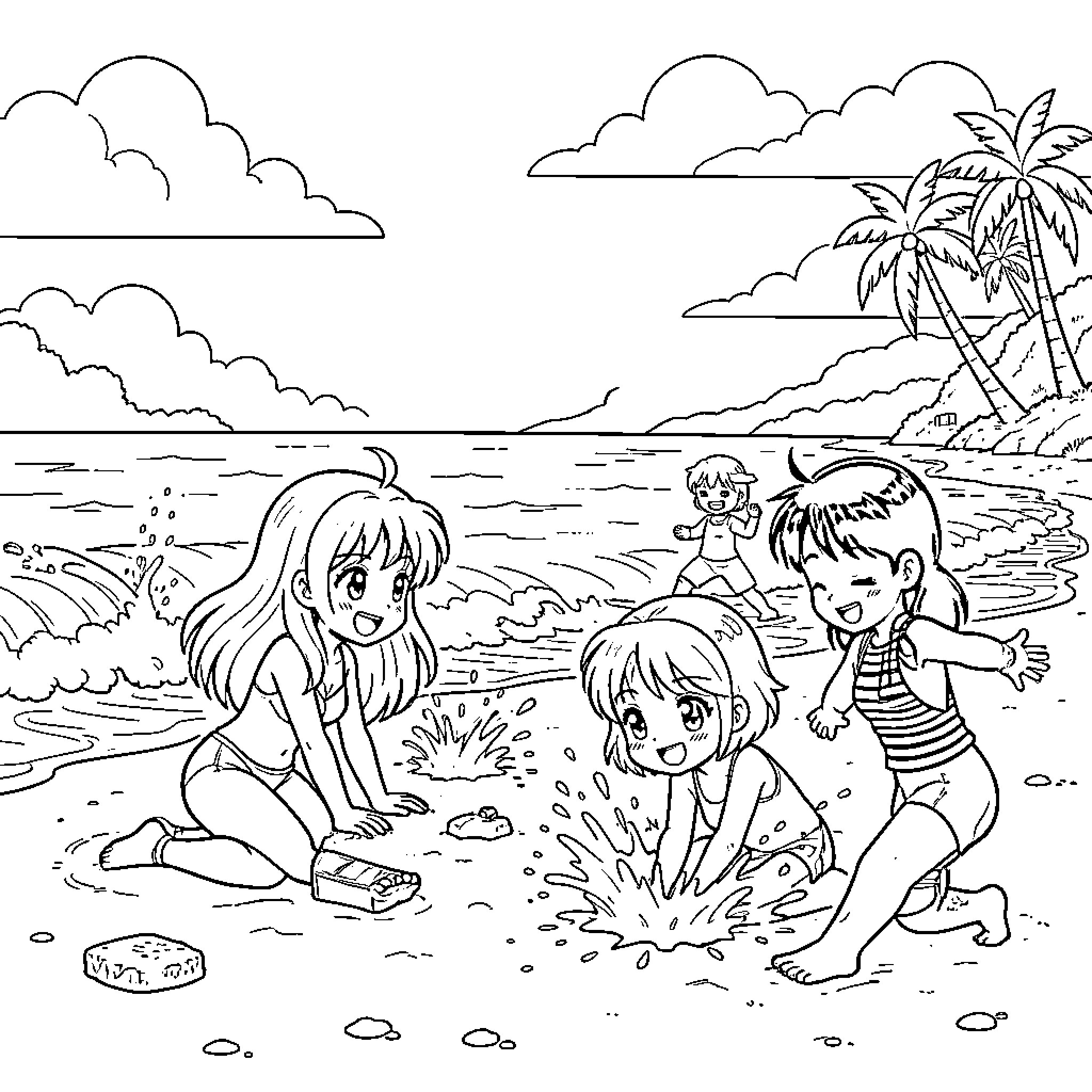 Anime children playing joyfully on the beach Coloring Page (free black-and-white line drawing printable PDF for all, from beginners to advanced learners, including children, teens, adults, and seniors)