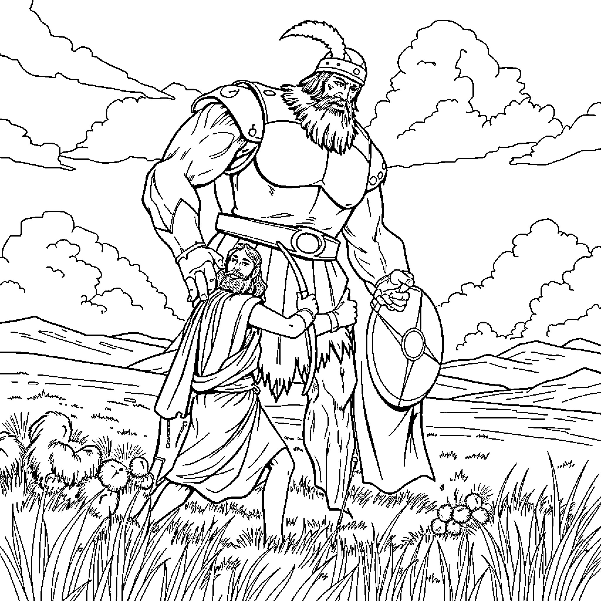 David and Goliath: Warrior's Clash in the Wilderness Coloring Page (free black-and-white line drawing printable PDF for all, from beginners to advanced learners, including children, teens, adults, and seniors)