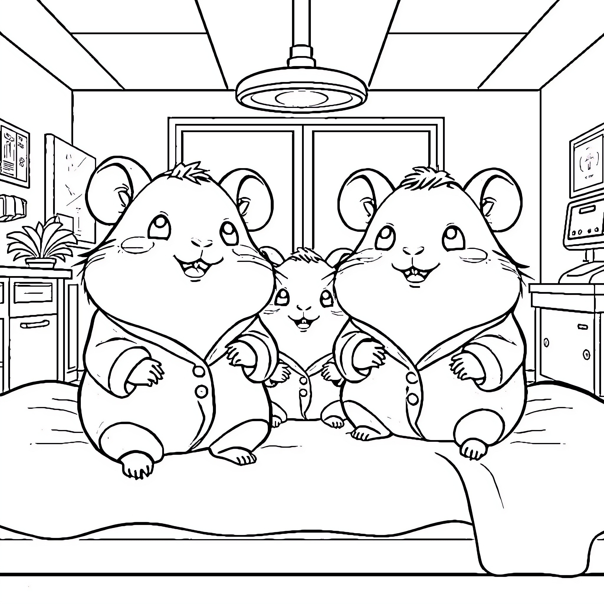 Hamsters relaxing in a cozy room Coloring Page (free black-and-white line drawing printable PDF for all, from beginners to advanced learners, including children, teens, adults, and seniors)
