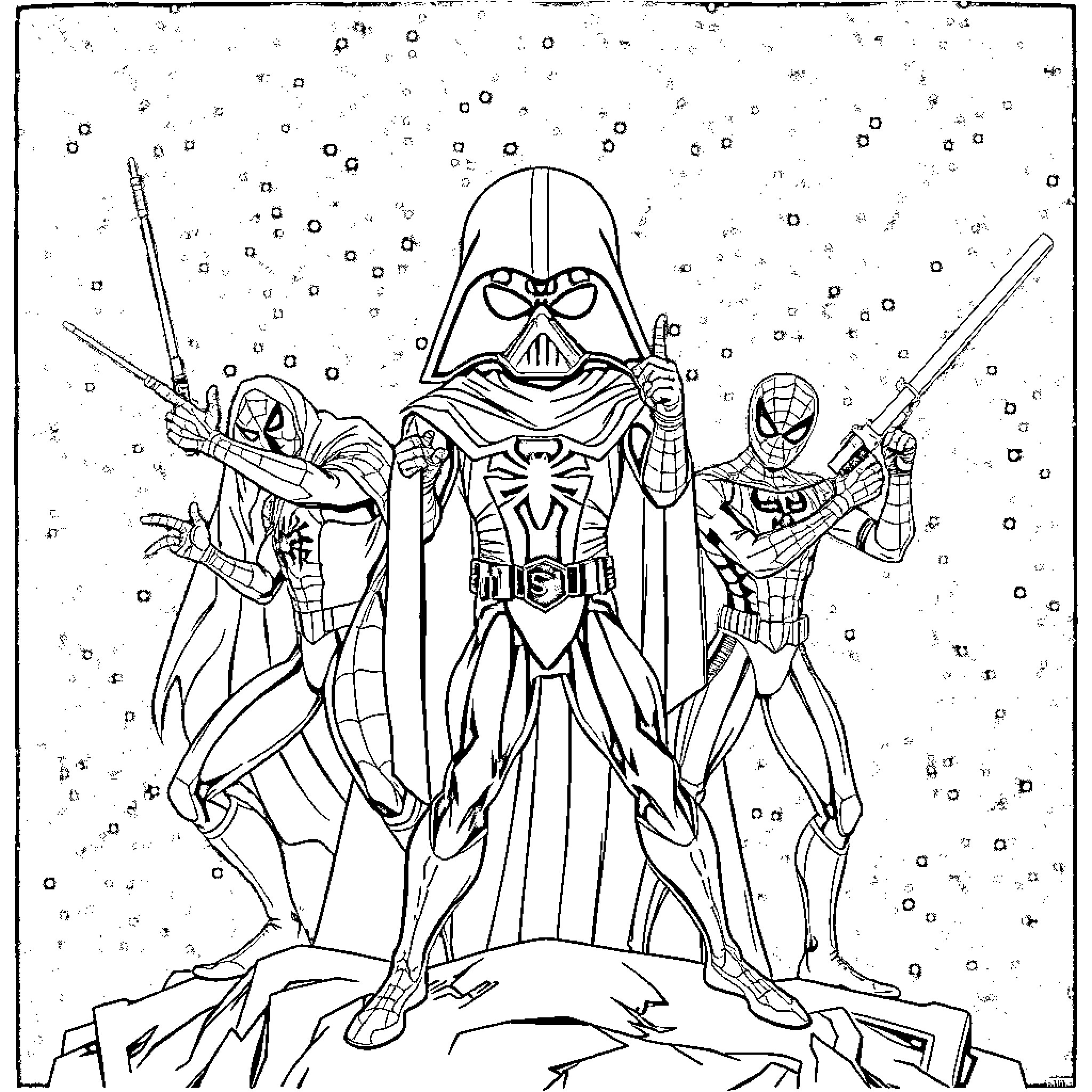 Spidey heroes assemble in winter snowfall Coloring Page (free black-and-white line drawing printable PDF for all, from beginners to advanced learners, including children, teens, adults, and seniors)