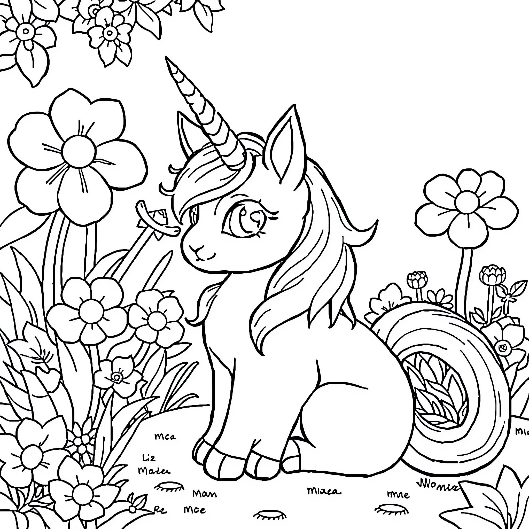 Unicorn Cat playing in a flowery meadow Coloring Page (free black-and-white line drawing printable PDF for all, from beginners to advanced learners, including children, teens, adults, and seniors)