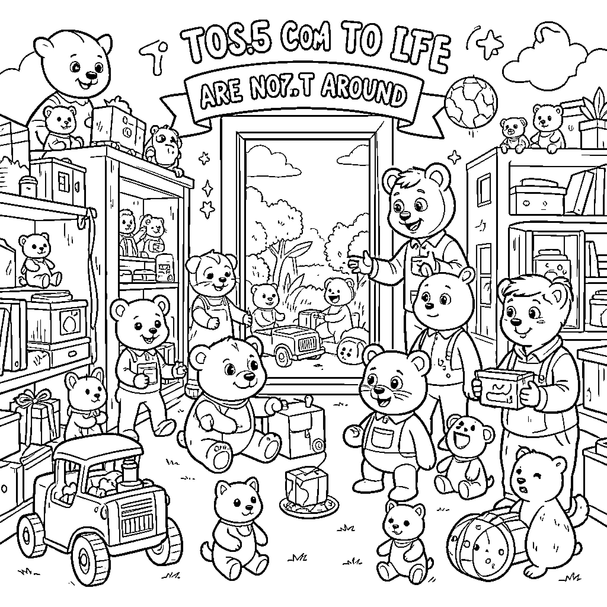 Toy bears coming to life in a playroom scene Coloring Page (free black-and-white line drawing printable PDF for all, from beginners to advanced learners, including children, teens, adults, and seniors)
