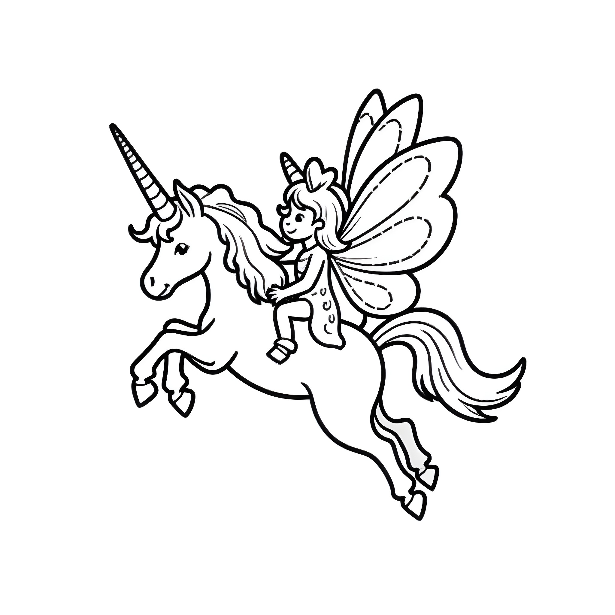 Fairy riding a unicorn with wings Coloring Page (free black-and-white line drawing printable PDF for all, from beginners to advanced learners, including children, teens, adults, and seniors)