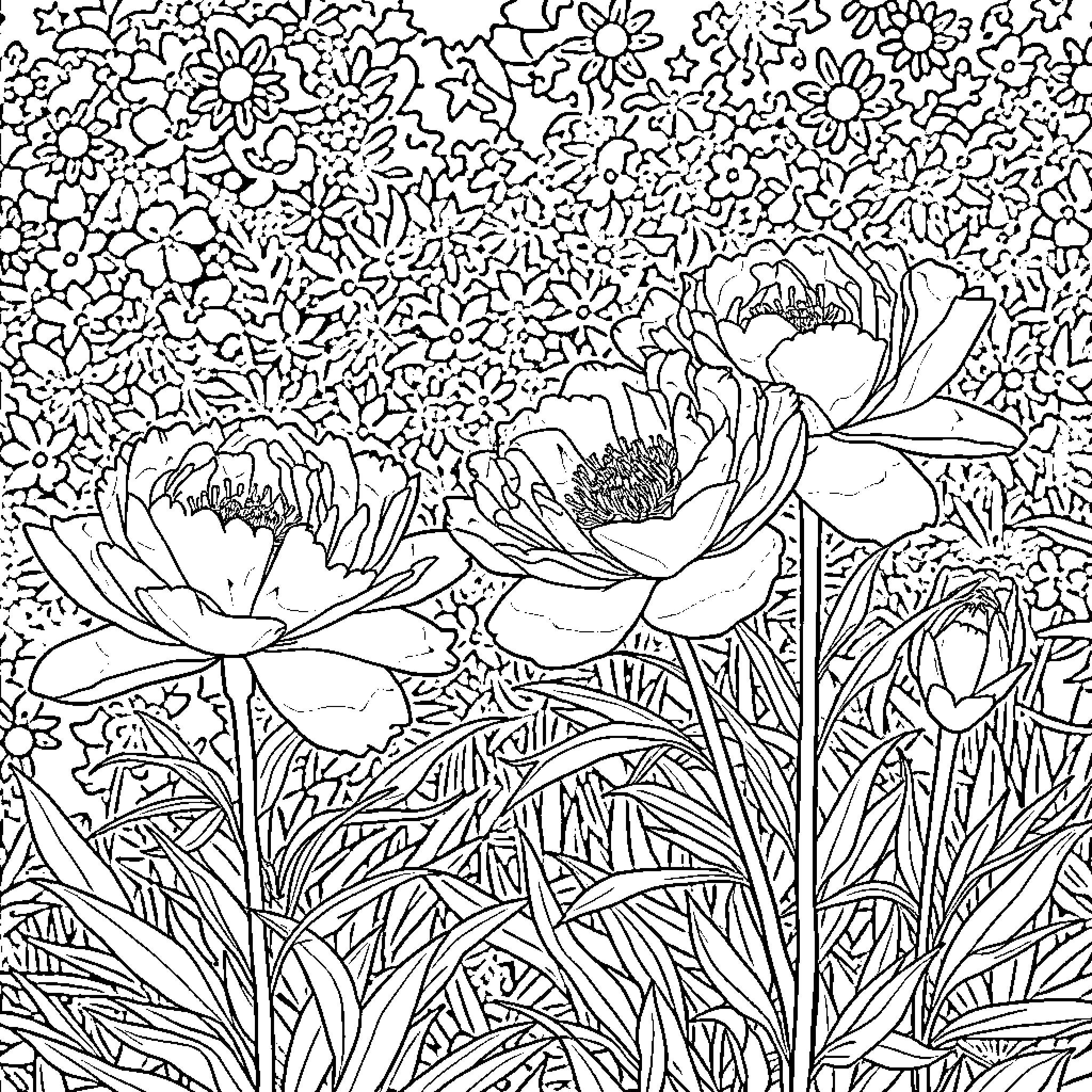 Peony flowers blooming in a garden Coloring Page (free black-and-white line drawing printable PDF for all, from beginners to advanced learners, including children, teens, adults, and seniors)