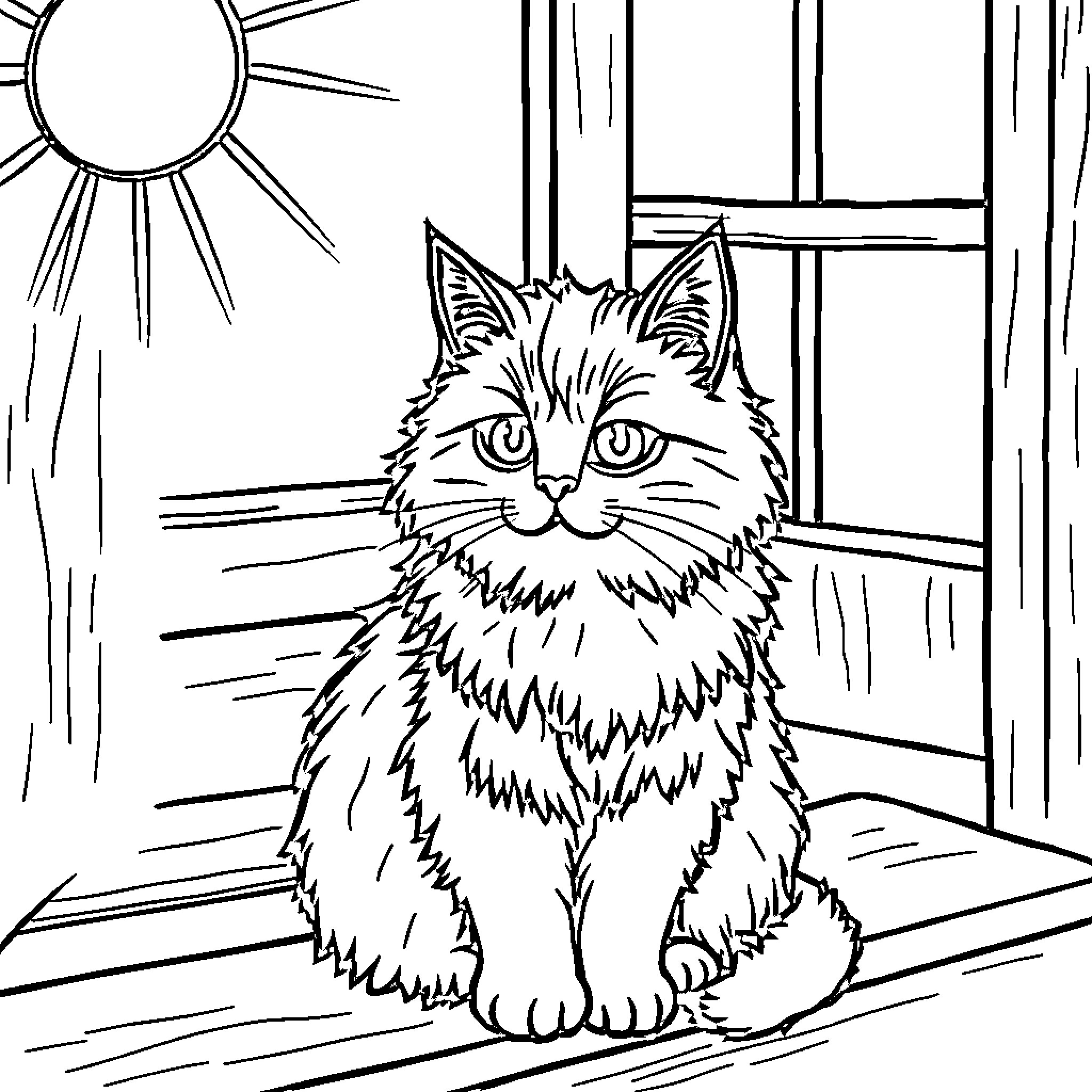 Cat gazing out the window on a sunny day Coloring Page (free black-and-white line drawing printable PDF for all, from beginners to advanced learners, including children, teens, adults, and seniors)