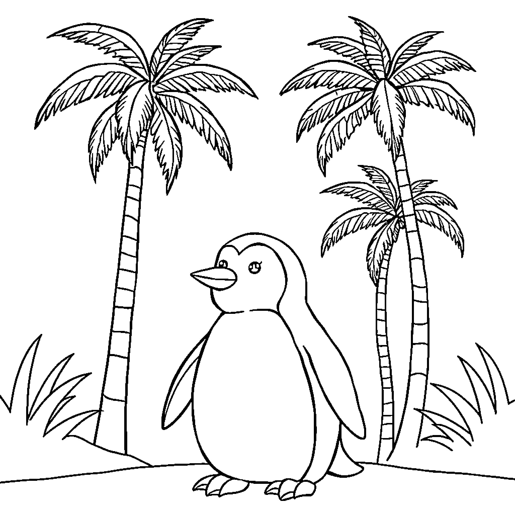 Penguin exploring tropical palm trees Coloring Page (free black-and-white line drawing printable PDF for all, from beginners to advanced learners, including children, teens, adults, and seniors)