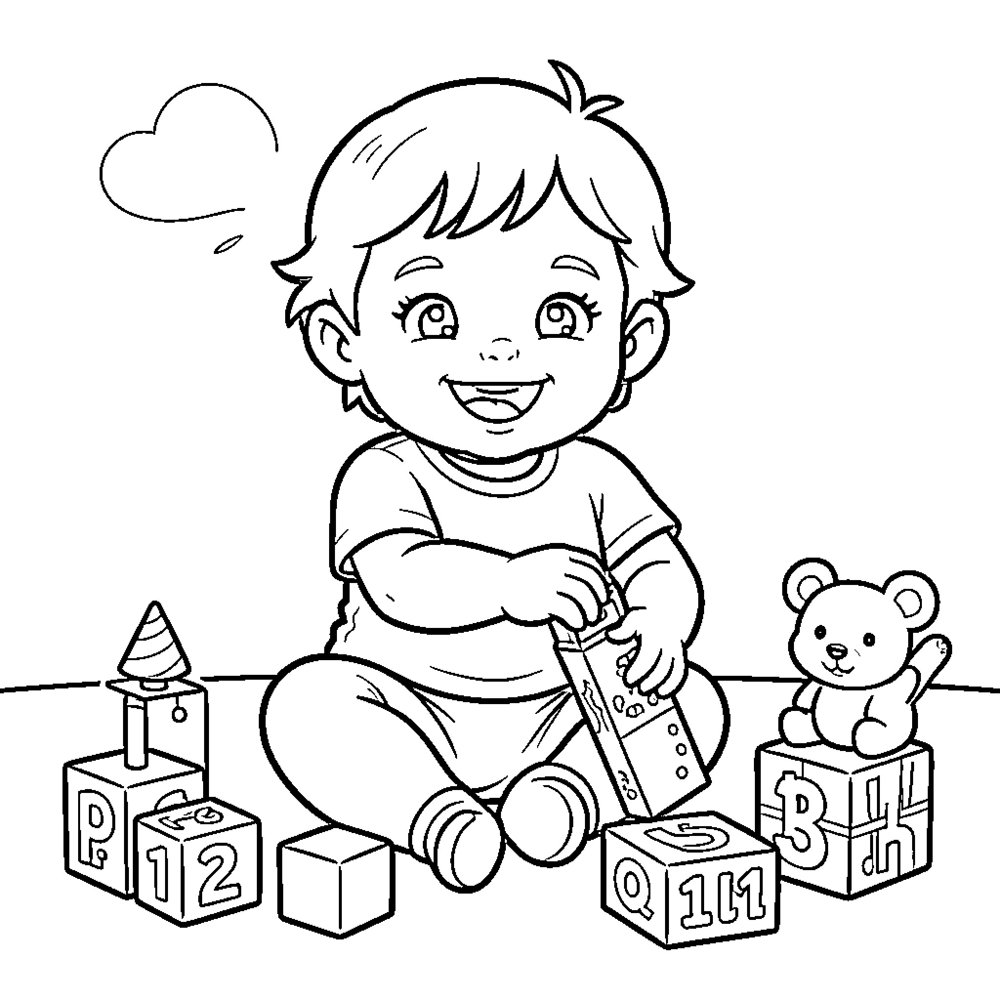 Baby sitting happily playing with wooden blocks and teddy bear Coloring Page (free black-and-white line drawing printable PDF for all, from beginners to advanced learners, including children, teens, adults, and seniors)