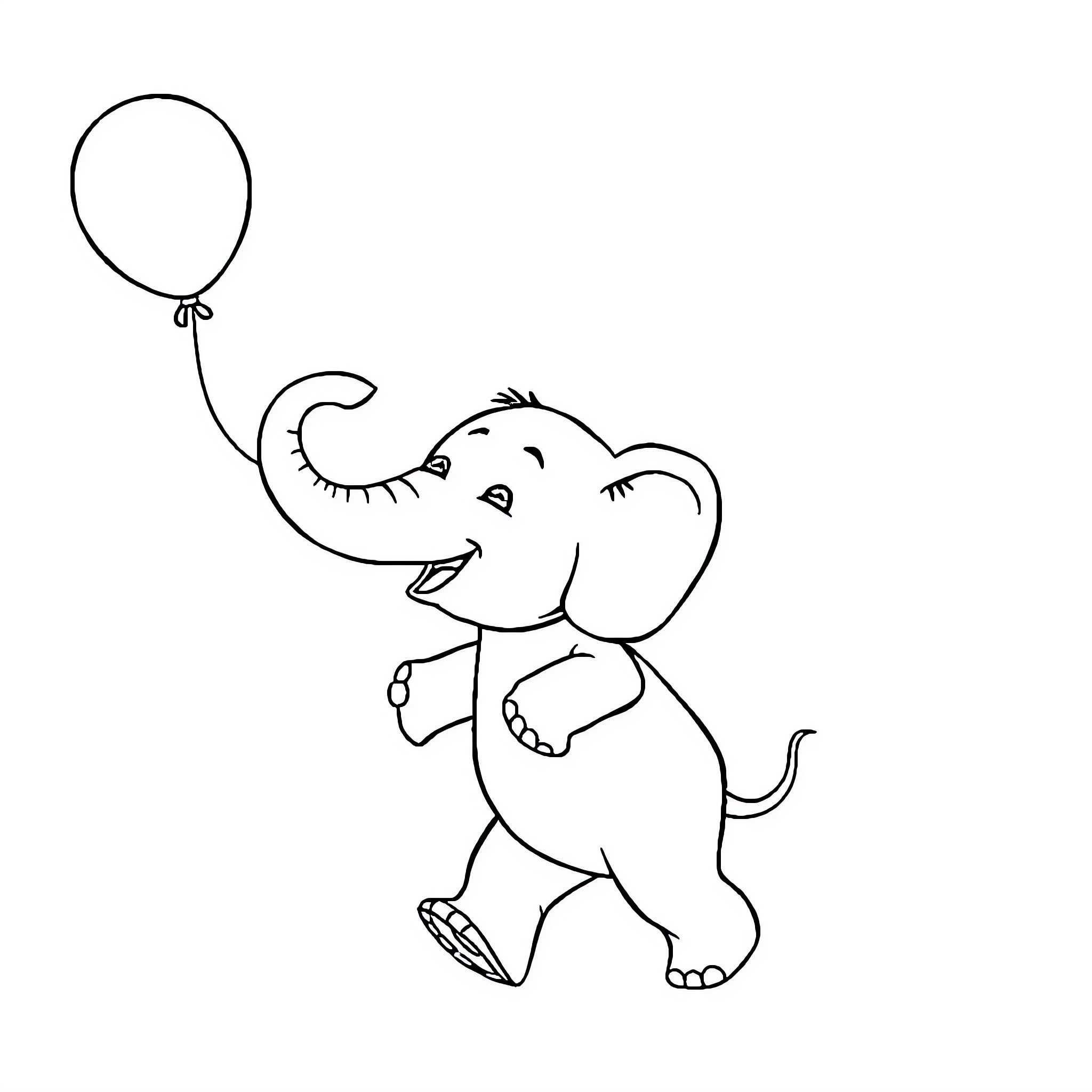 Elephant playing with balloon Coloring Page (free black-and-white line drawing printable PDF for all, from beginners to advanced learners, including children, teens, adults, and seniors)