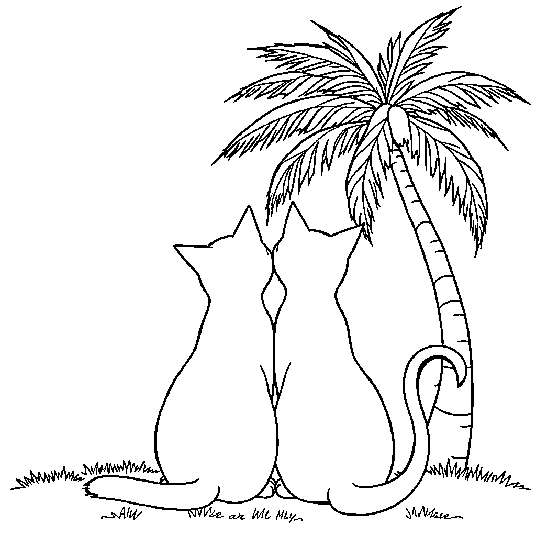 Cat and palm tree in tropical scene Coloring Page (free black-and-white line drawing printable PDF for all, from beginners to advanced learners, including children, teens, adults, and seniors)