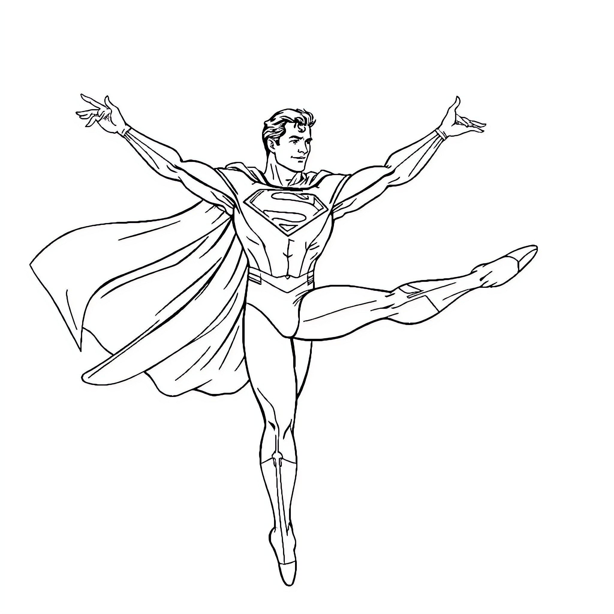 Superman soaring with outstretched arms Coloring Page (free black-and-white line drawing printable PDF for all, from beginners to advanced learners, including children, teens, adults, and seniors)