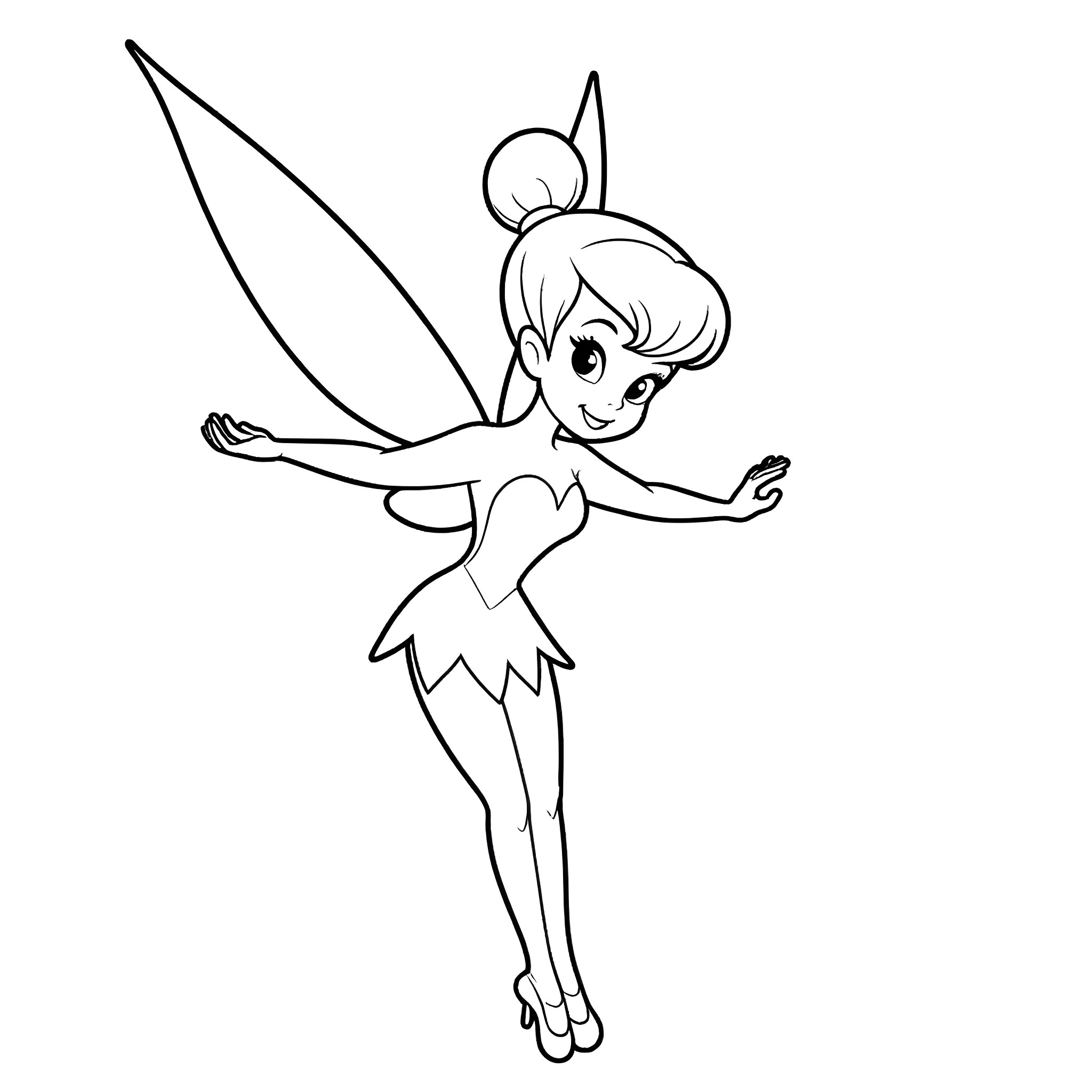 Tinkerbell flying joyfully with outstretched arms Coloring Page (free black-and-white line drawing printable PDF for all, from beginners to advanced learners, including children, teens, adults, and seniors)