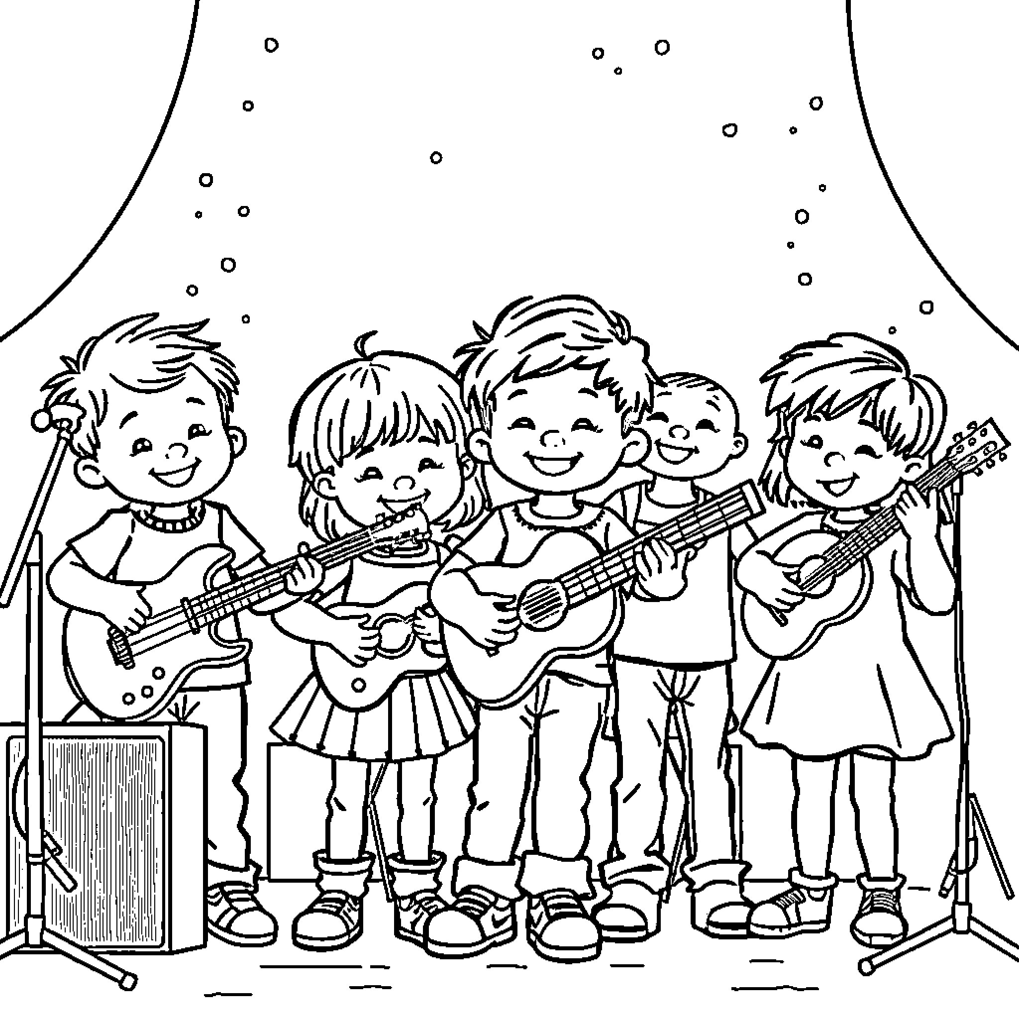Kid musicians performing on stage with guitars Coloring Page (free black-and-white line drawing printable PDF for all, from beginners to advanced learners, including children, teens, adults, and seniors)