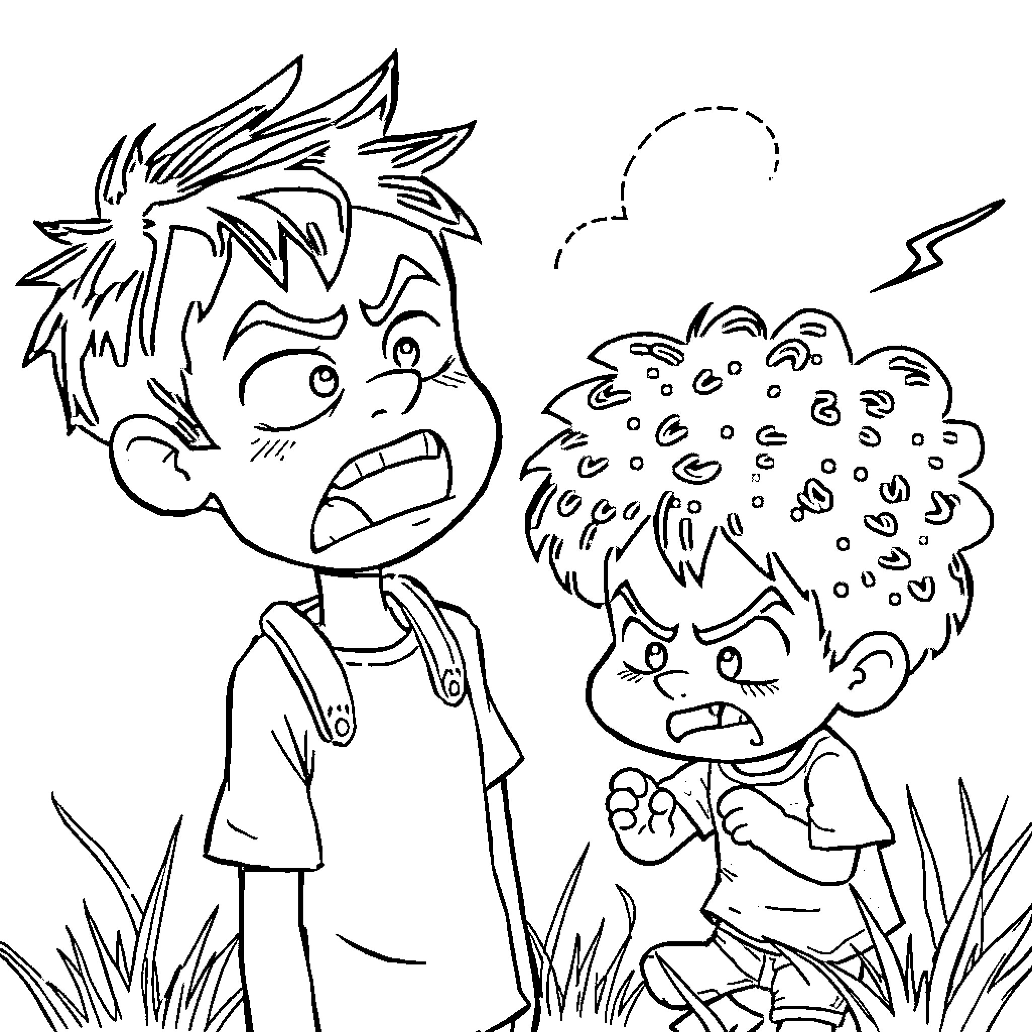 Boy shouting at frightened boy in nature Coloring Page (free black-and-white line drawing printable PDF for all, from beginners to advanced learners, including children, teens, adults, and seniors)