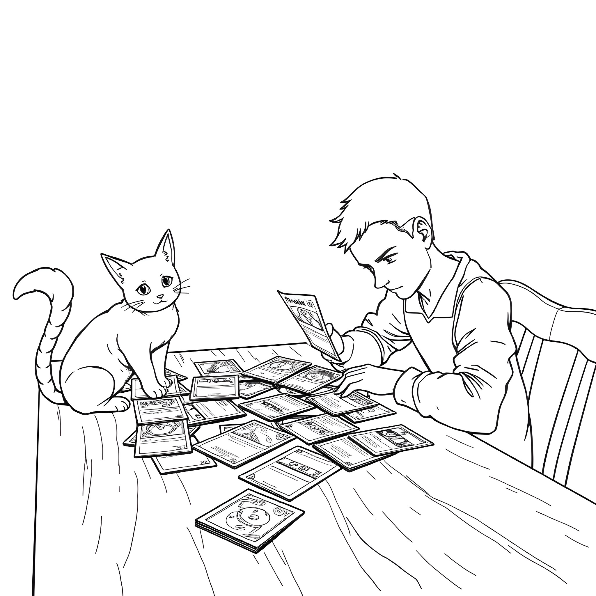 Man playing cards with a cat at a table Coloring Page (free black-and-white line drawing printable PDF for all, from beginners to advanced learners, including children, teens, adults, and seniors)