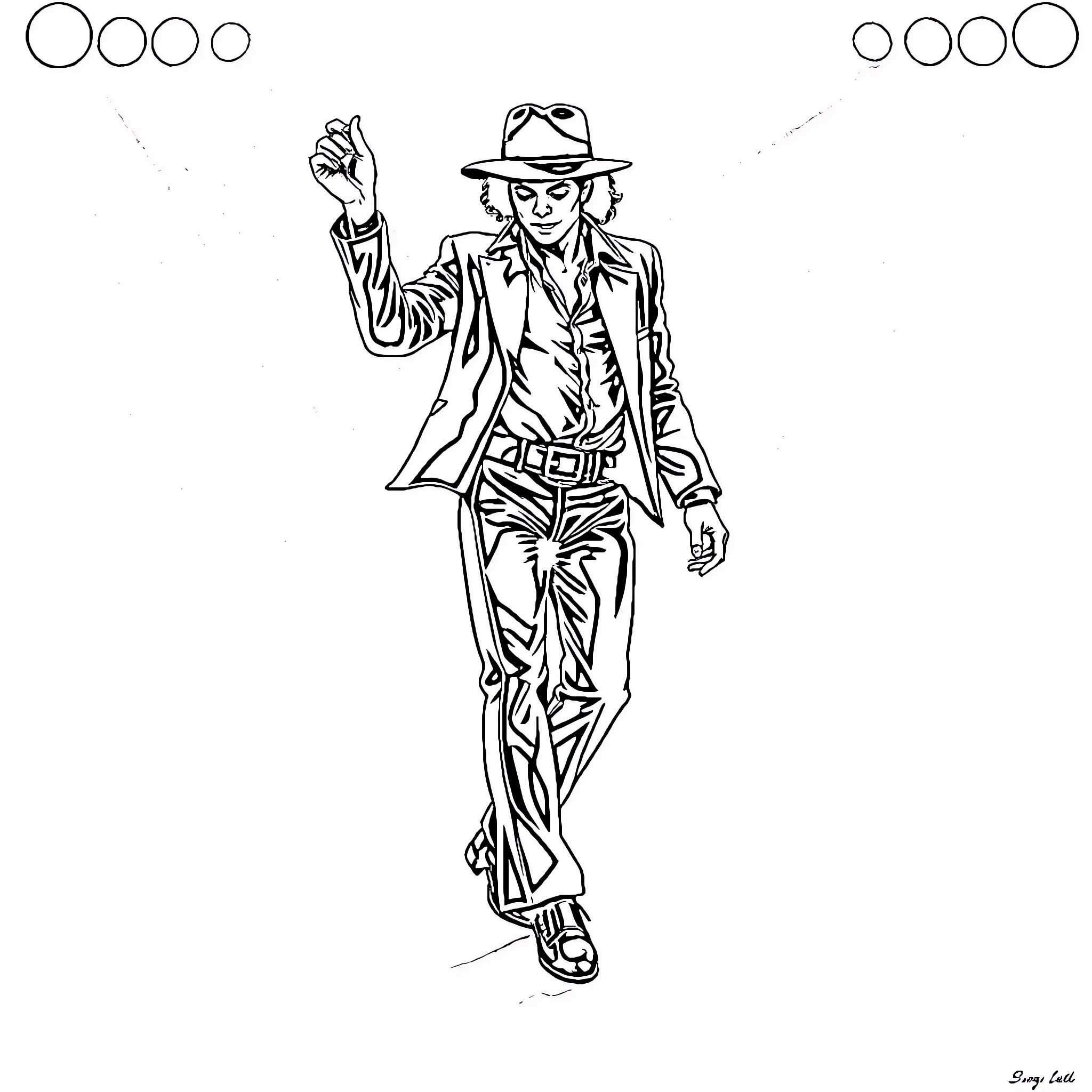 Michael Jackson Performing with Signature Dance Moves Coloring Page (free black-and-white line drawing printable PDF for all, from beginners to advanced learners, including children, teens, adults, and seniors)