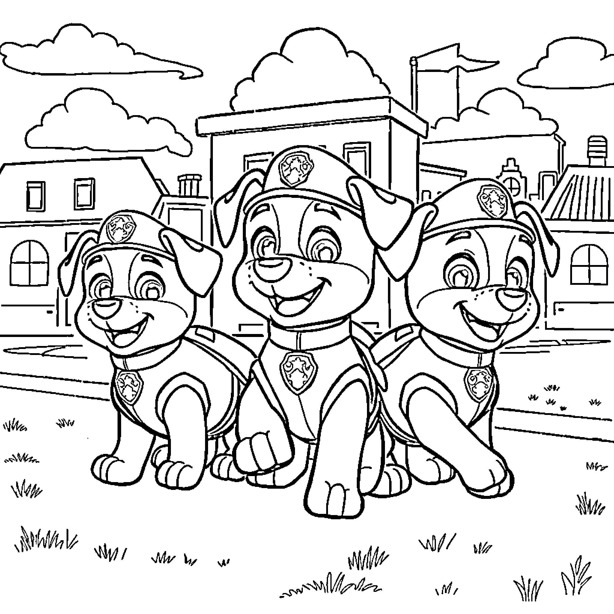 Paw Patrol Pups Explore the Town Together Coloring Page (free black-and-white line drawing printable PDF for all, from beginners to advanced learners, including children, teens, adults, and seniors)