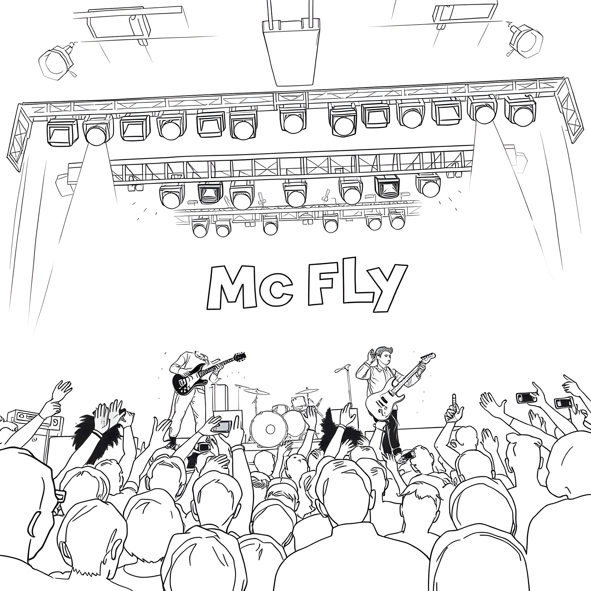 McFly Performing on Stage for Crowd Coloring Page (free black-and-white line drawing printable PDF for all, from beginners to advanced learners, including children, teens, adults, and seniors)
