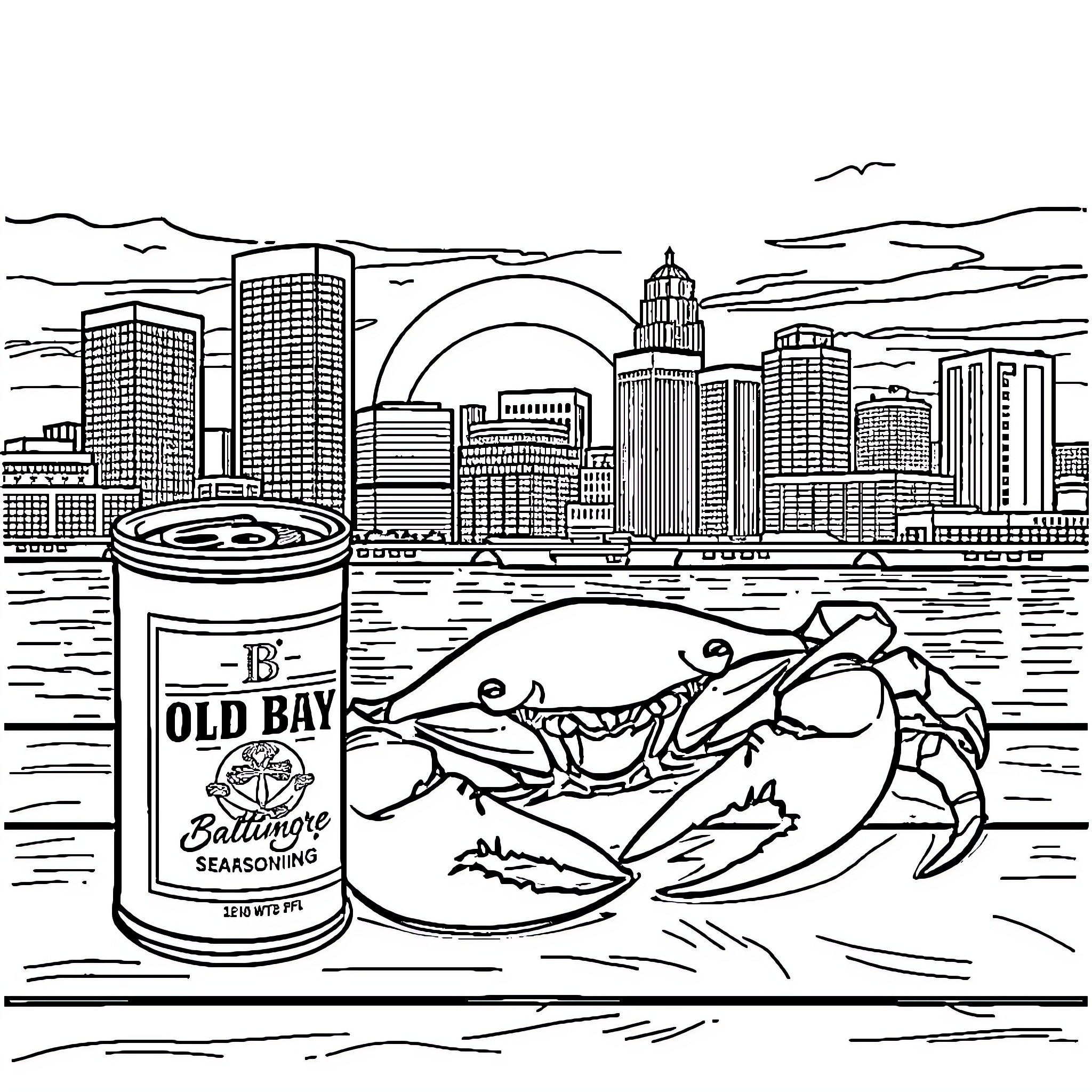 Crab exploring the urban waterfront Coloring Page (free black-and-white line drawing printable PDF for all, from beginners to advanced learners, including children, teens, adults, and seniors)