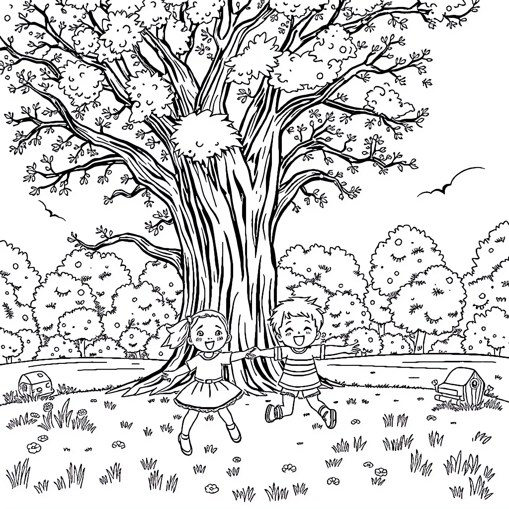 Stella playing under the grand oak tree Coloring Page (free black-and-white line drawing printable PDF for all, from beginners to advanced learners, including children, teens, adults, and seniors)