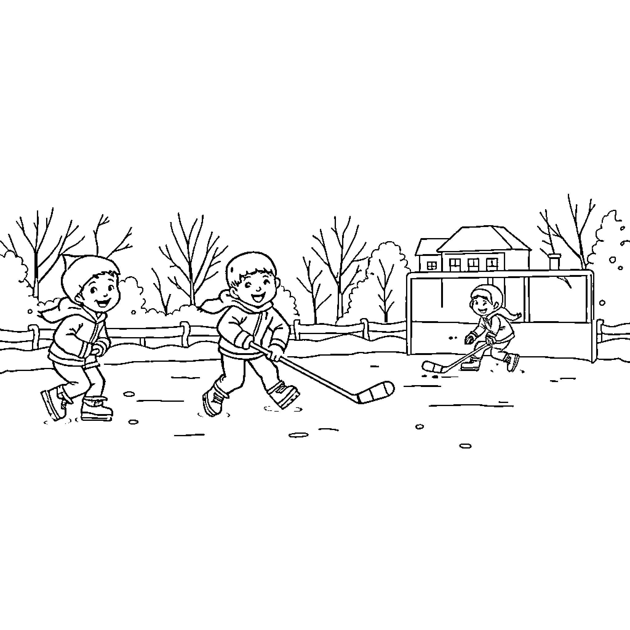 Child playing hockey outdoors in the winter Coloring Page (free black-and-white line drawing printable PDF for all, from beginners to advanced learners, including children, teens, adults, and seniors)