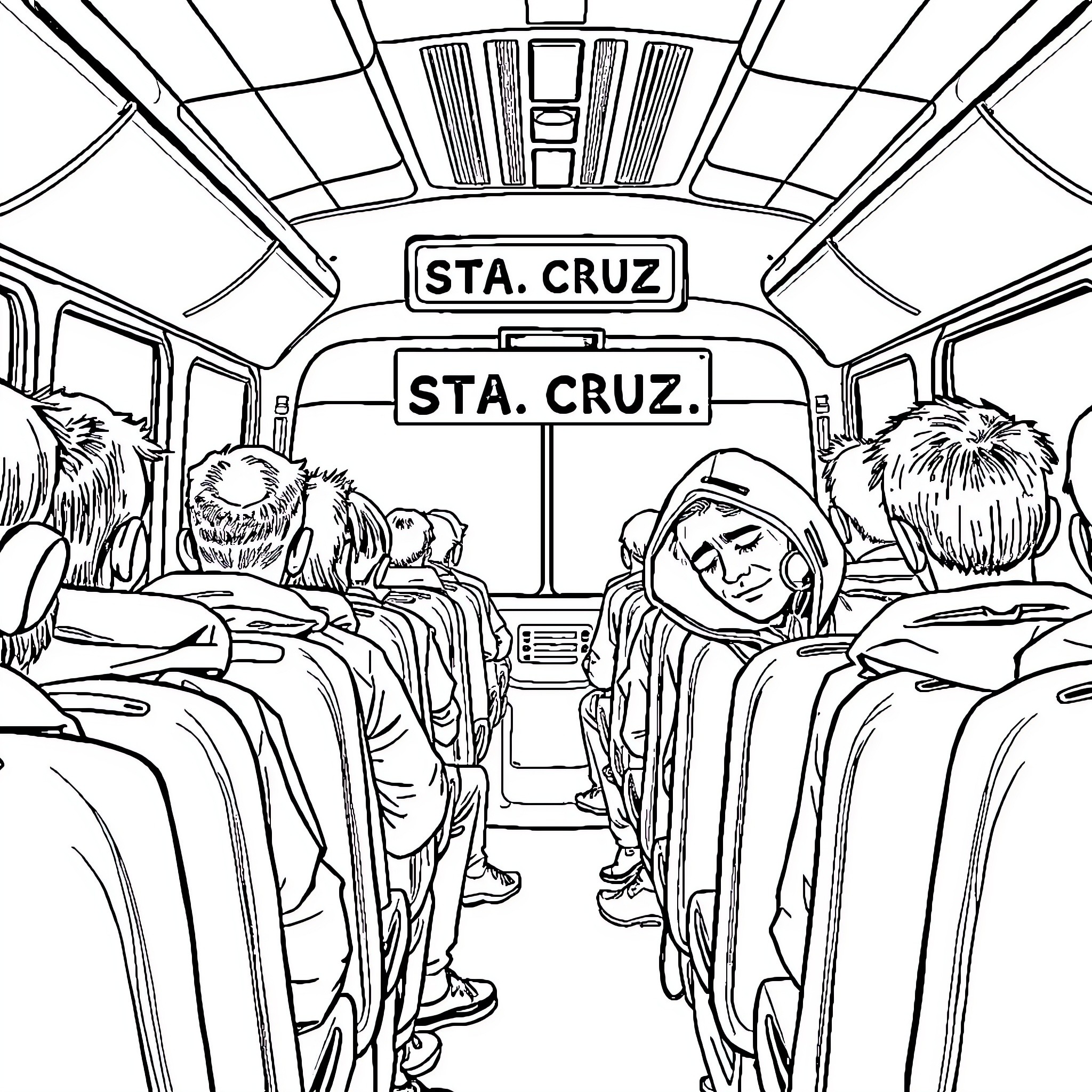 Bus with Passengers Commuting to Santa Cruz Coloring Page (free black-and-white line drawing printable PDF for all, from beginners to advanced learners, including children, teens, adults, and seniors)