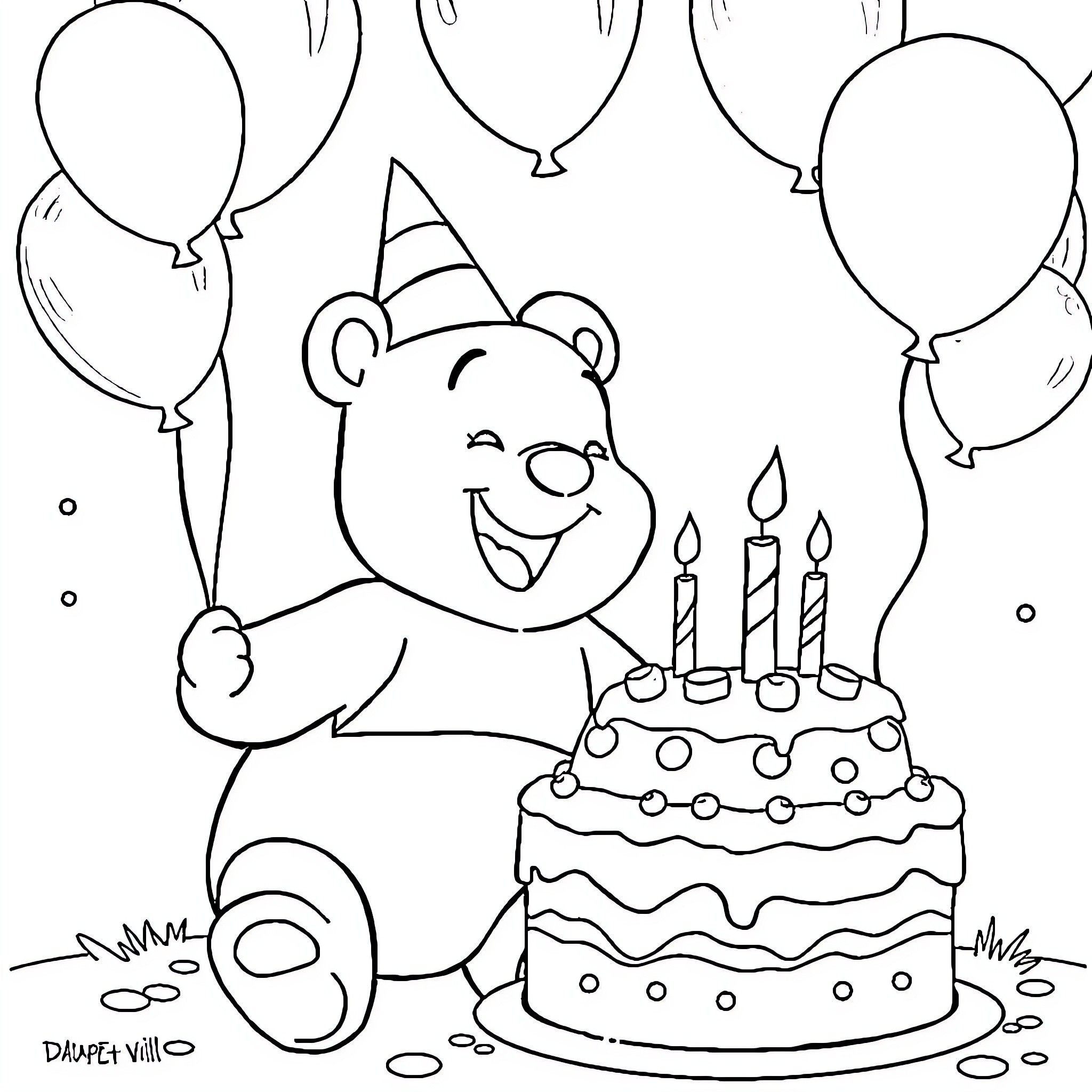 Winnie the Bear's Birthday Party Coloring Page (free black-and-white line drawing printable PDF for all, from beginners to advanced learners, including children, teens, adults, and seniors)