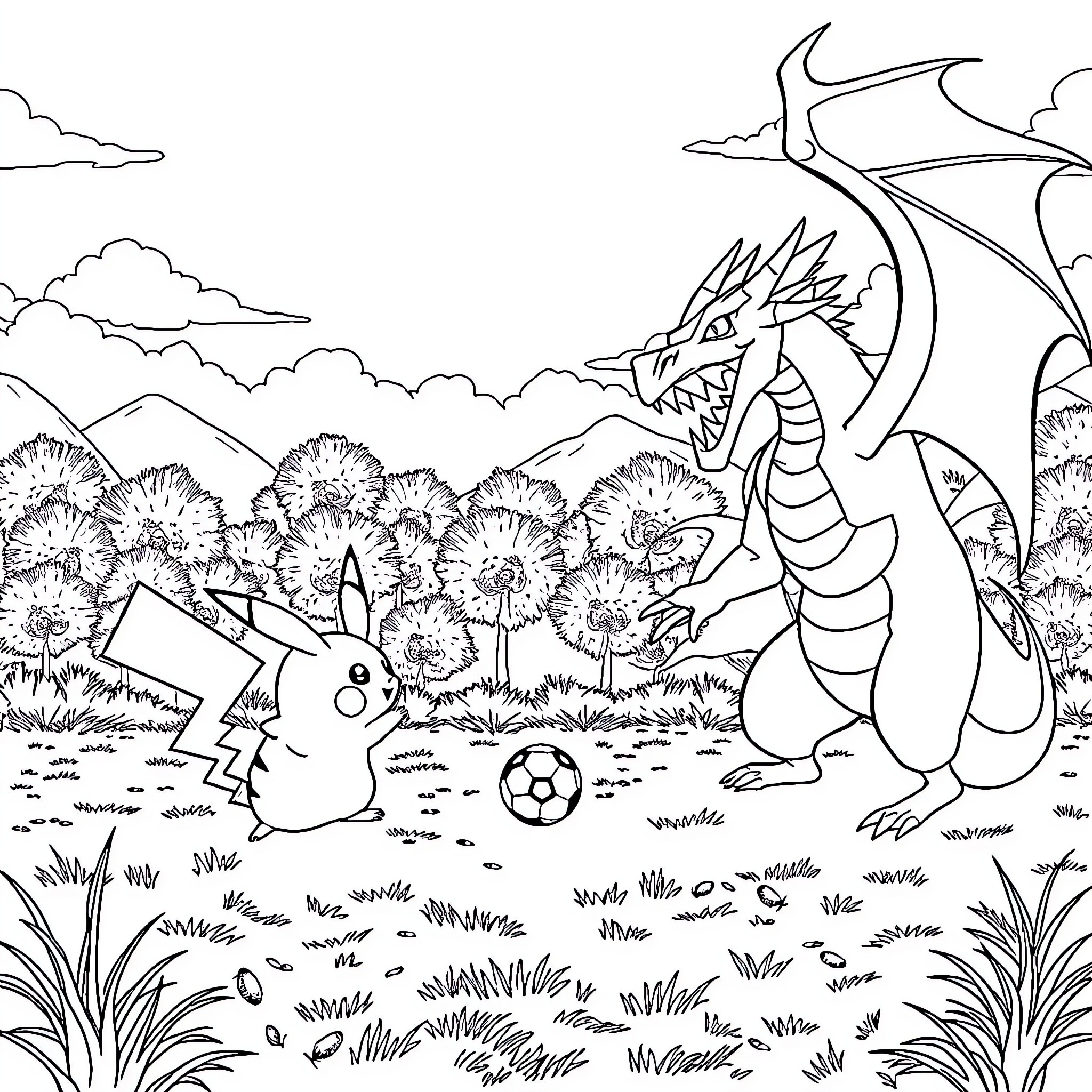 Pikachu and Dragon Playing Soccer in the Meadow Coloring Page (free black-and-white line drawing printable PDF for all, from beginners to advanced learners, including children, teens, adults, and seniors)