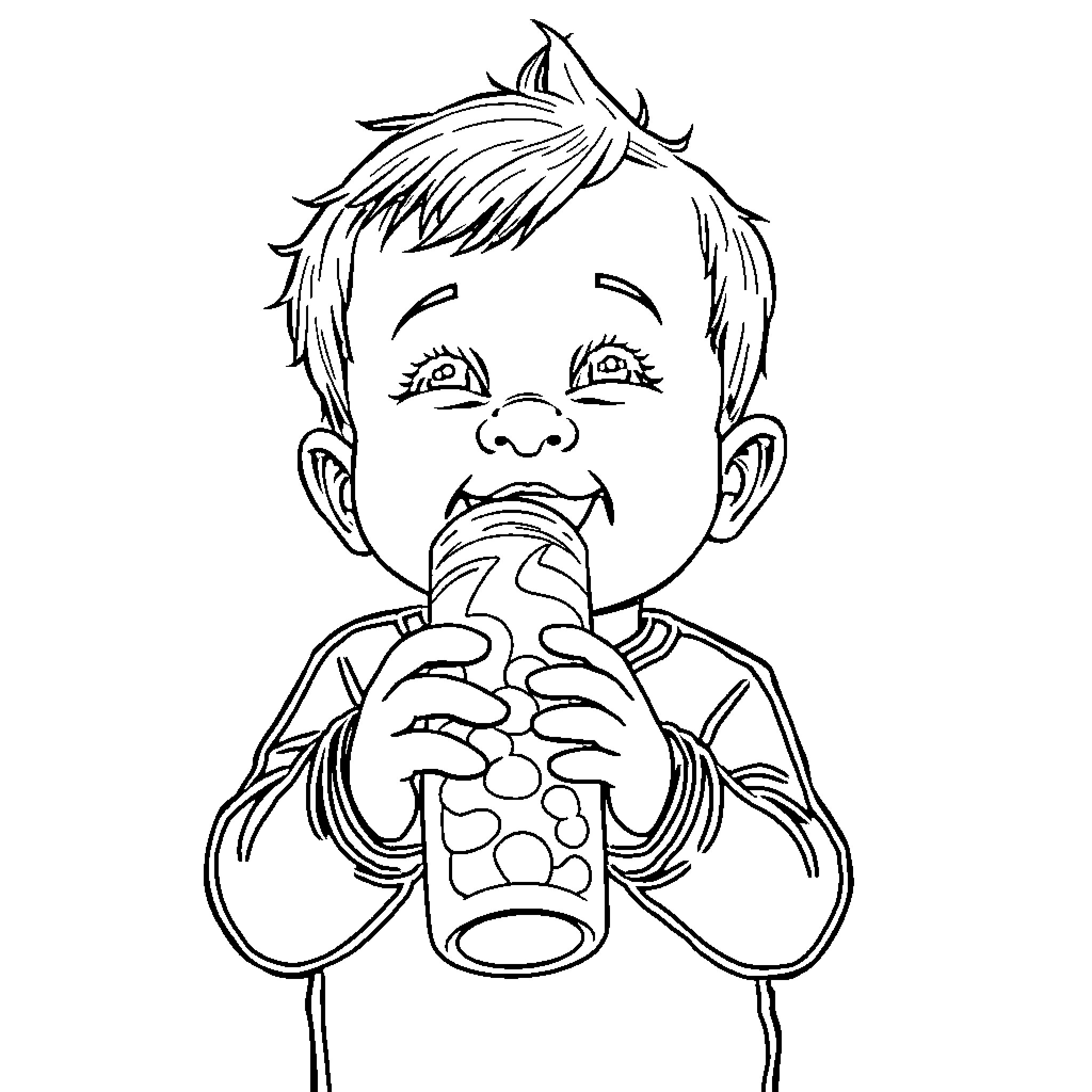 Baby enjoying a refreshing drink Coloring Page (free black-and-white line drawing printable PDF for all, from beginners to advanced learners, including children, teens, adults, and seniors)