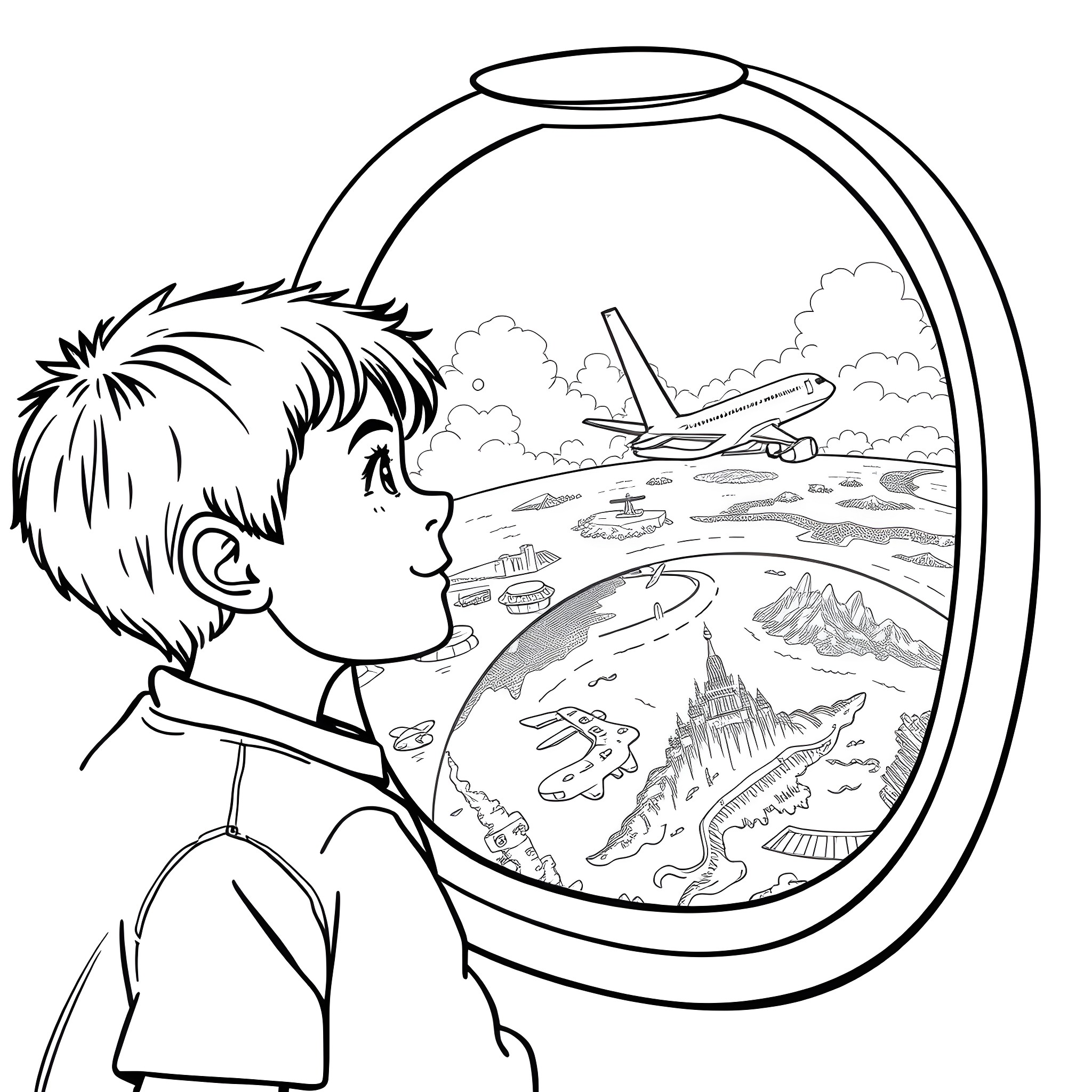 Boy gazing at a fantastical landscape through a window Coloring Page (free black-and-white line drawing printable PDF for all, from beginners to advanced learners, including children, teens, adults, and seniors)