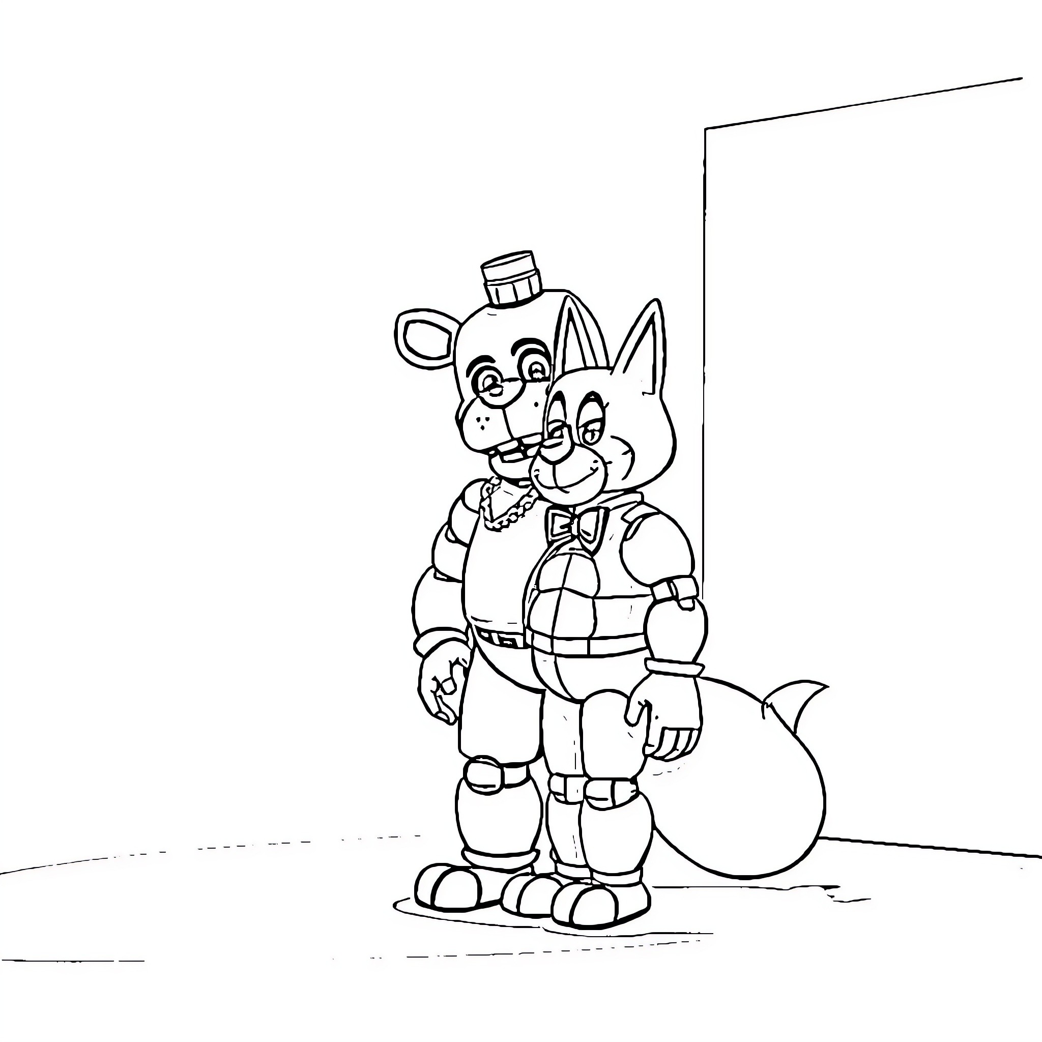 Freddy and Bonnie Standing Together Coloring Page (free black-and-white line drawing printable PDF for all, from beginners to advanced learners, including children, teens, adults, and seniors)