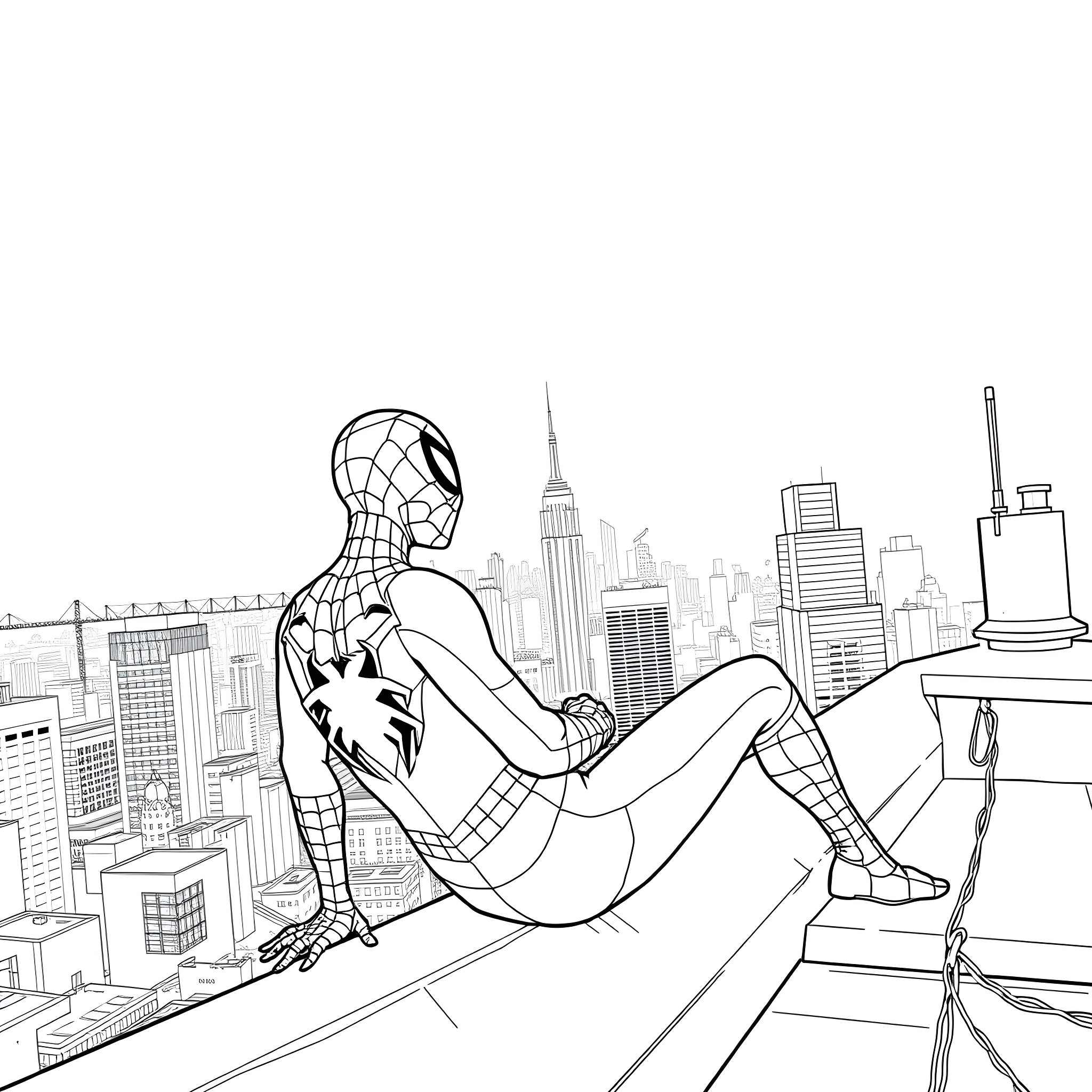 Spiderman overlooking the city skyline Coloring Page (free black-and-white line drawing printable PDF for all, from beginners to advanced learners, including children, teens, adults, and seniors)