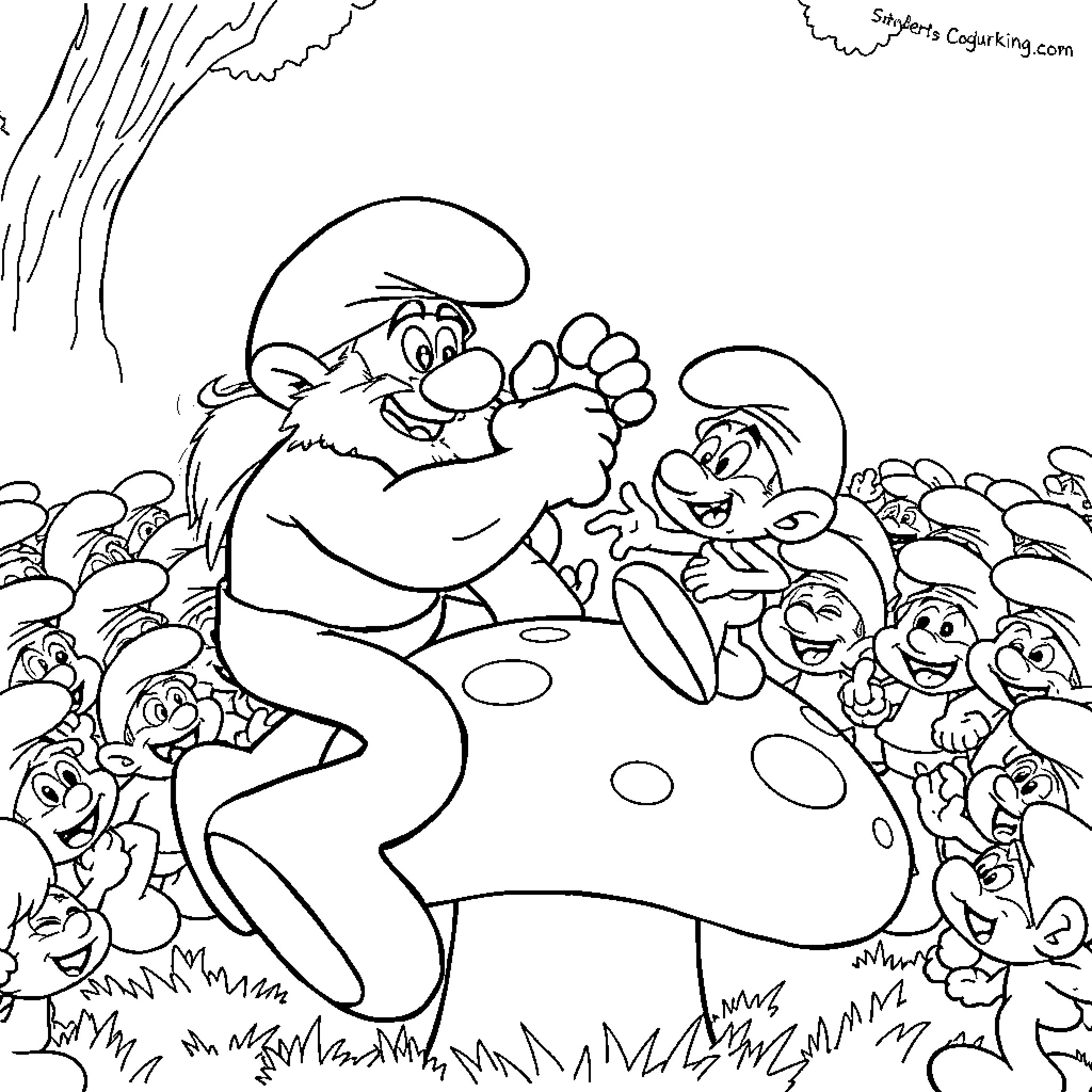 Smurf characters playing together in the field Coloring Page (free black-and-white line drawing printable PDF for all, from beginners to advanced learners, including children, teens, adults, and seniors)