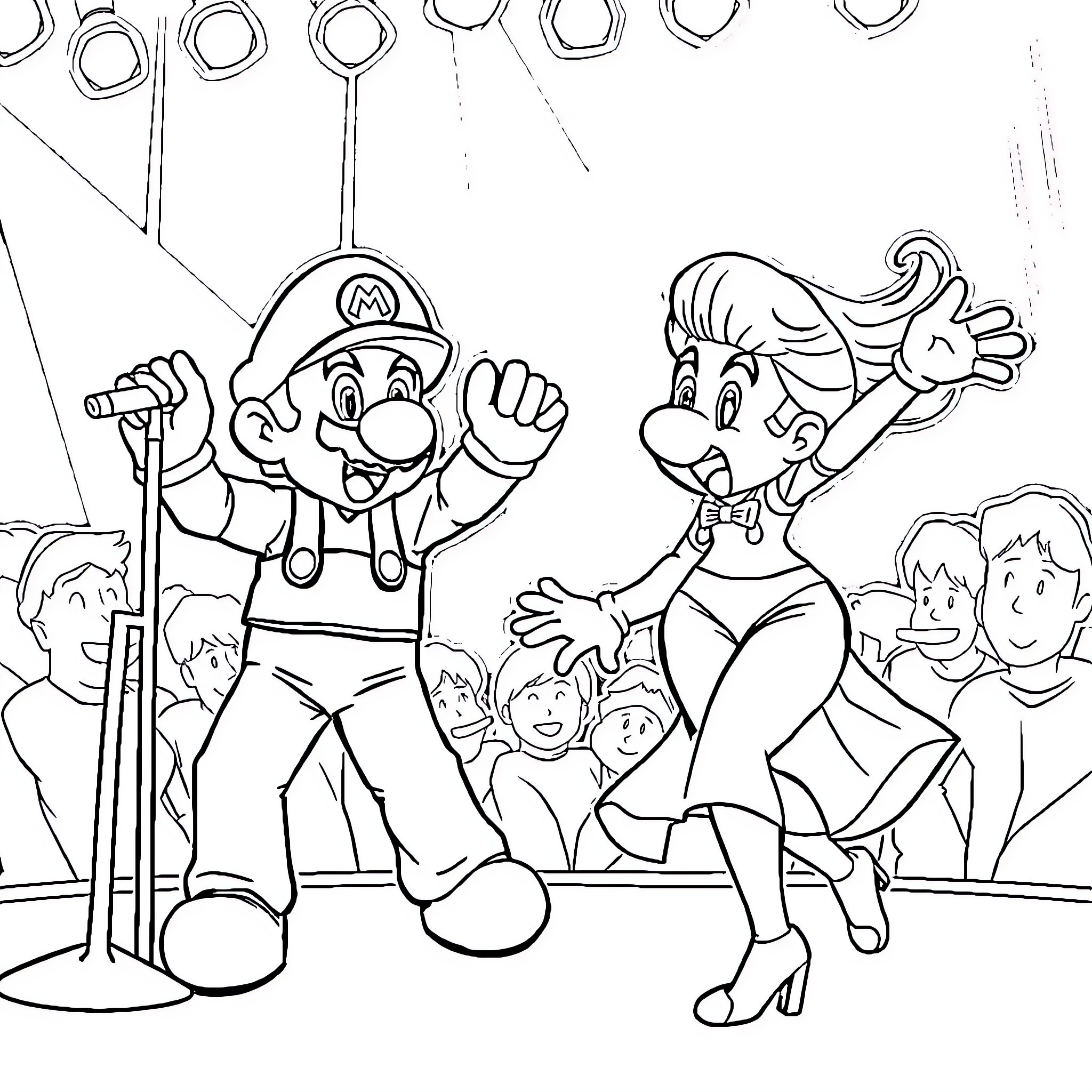 Lady Gaga and Mario performing on stage Coloring Page (free black-and-white line drawing printable PDF for all, from beginners to advanced learners, including children, teens, adults, and seniors)